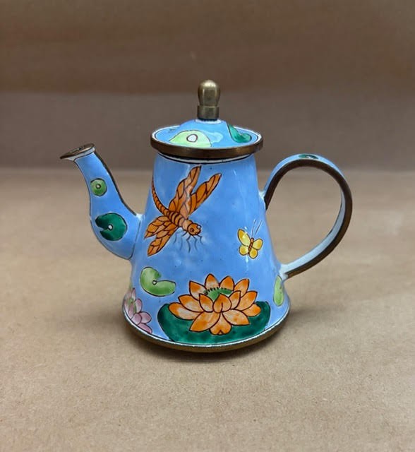 Kelvin Chen #606 Blue tea pot w/ lid hand painted w/ dragonfly and lotus