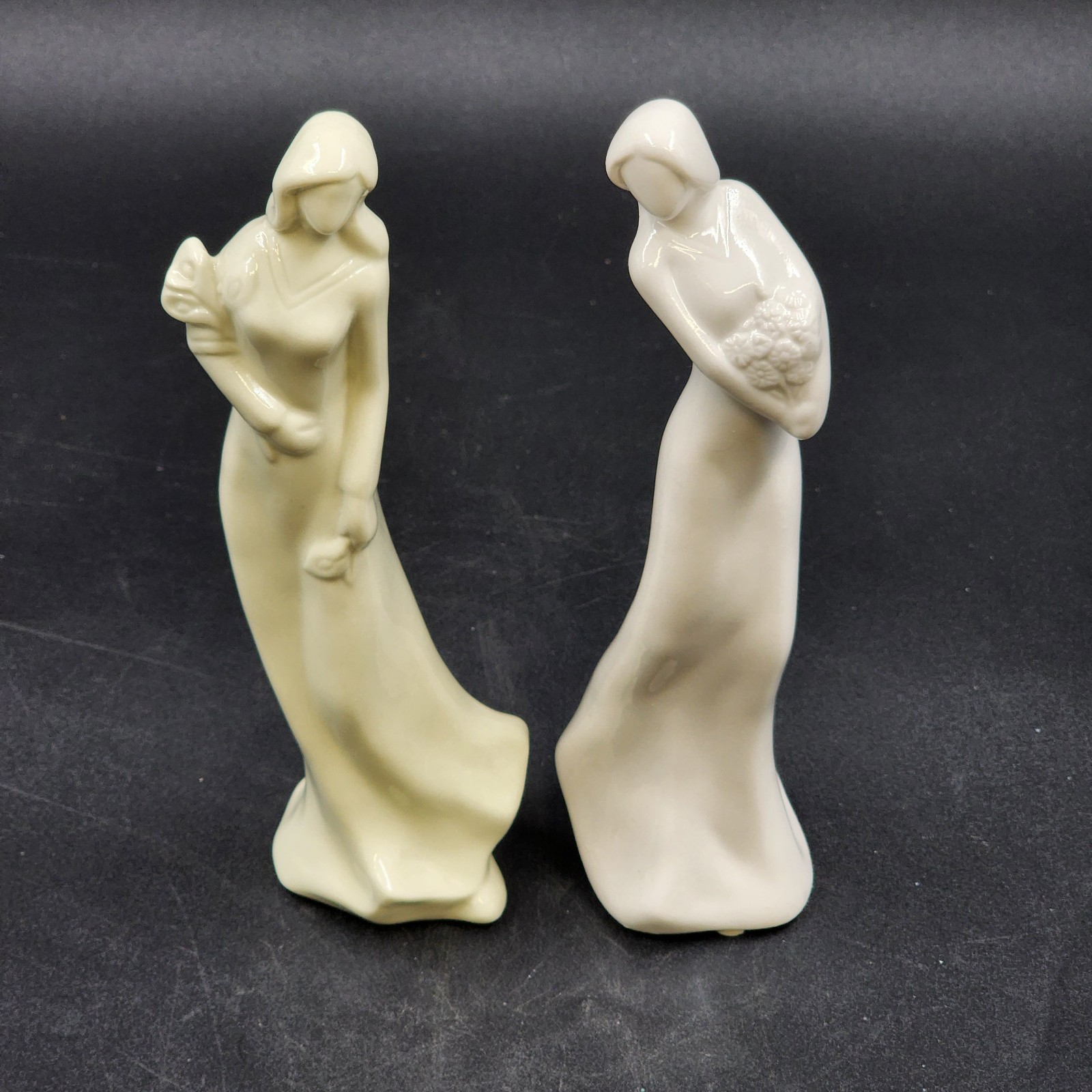 2 Faceless Women Figurines Solid White & Off-White Glazed Porcelain Flowers 8.5″