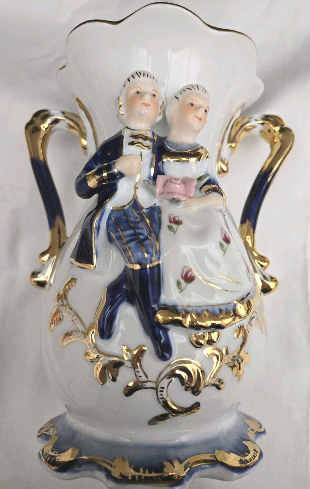 Vintage LaReaux French Porcelain Vase Victorian Couple Gold Trim