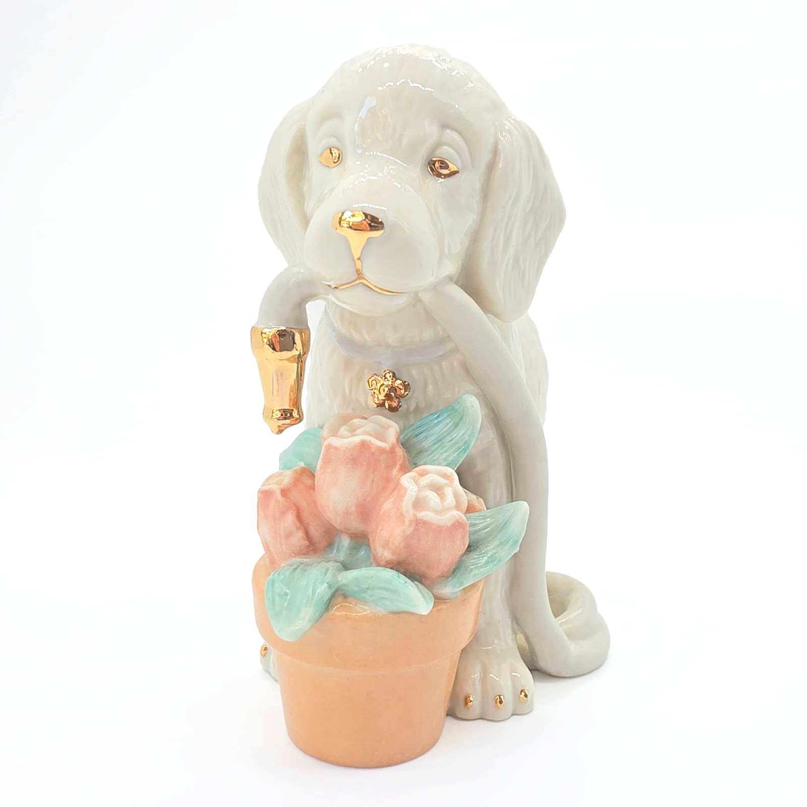 Lenox Golden Retriever Puppy May Spring Flowers Basket Figurine 24k Accents Dog