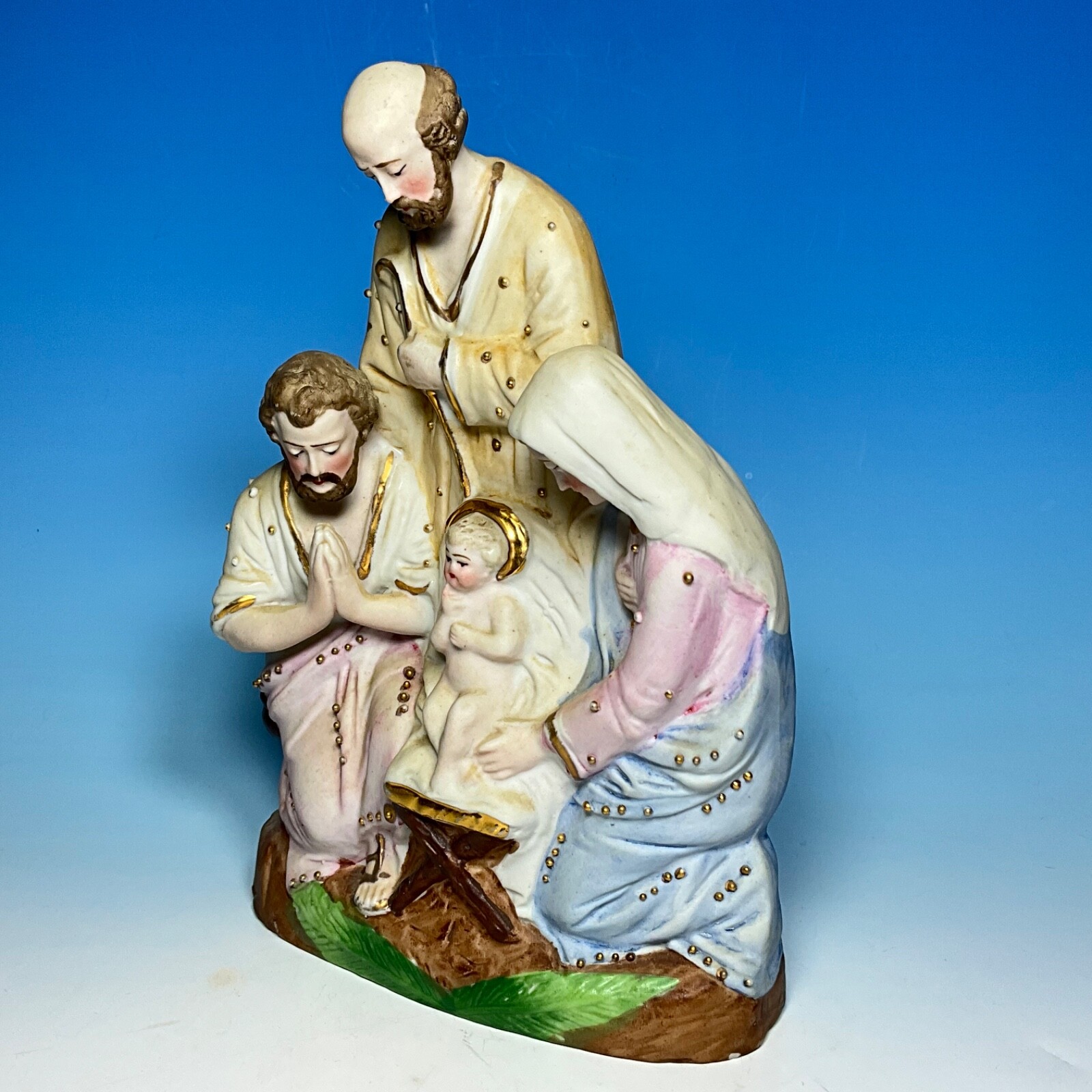 Nativity Scene with Standing Angel Early 20th C. German Bisque Porcelain 8″H