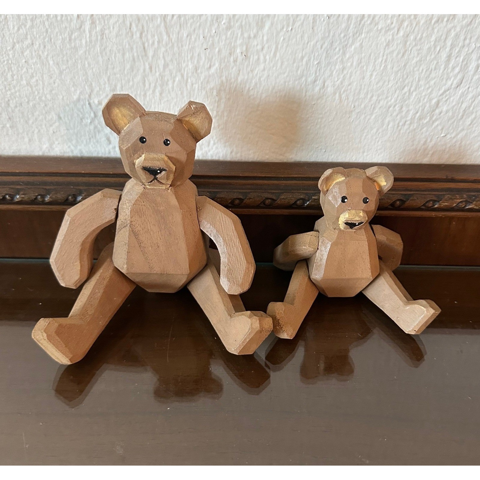 Vtg Hand Carved Wooden Teddy Bear Set Faceted Geometric Folk Art Figurines 2pc