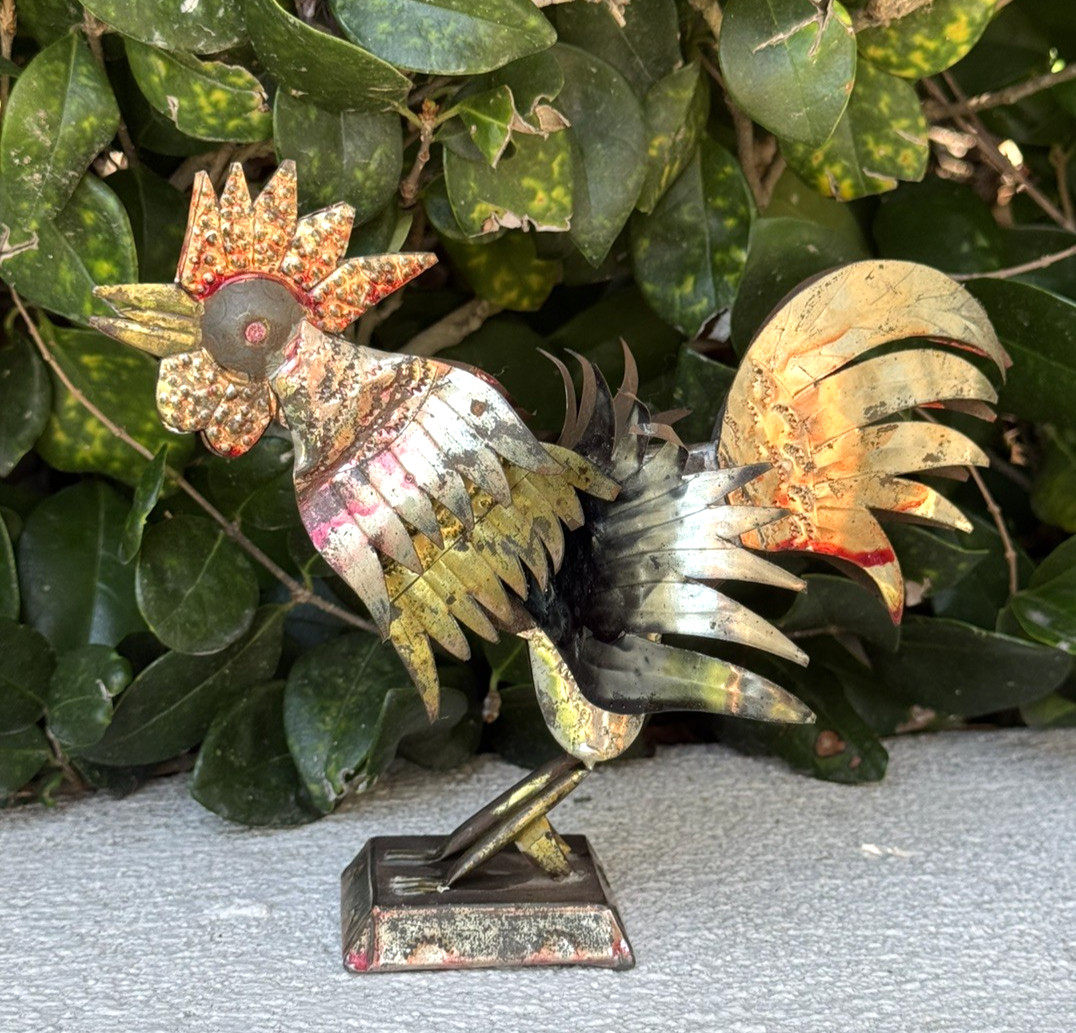 Mexican Folk Art Punched Tin Rooster Metal Figurine Decorative Art