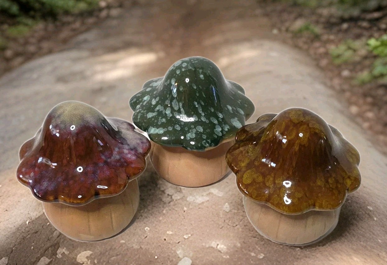 3 Glazed Ceramic Mushrooms 5″ x 3″ Drip Pottery Garden Statues Fungi Decor