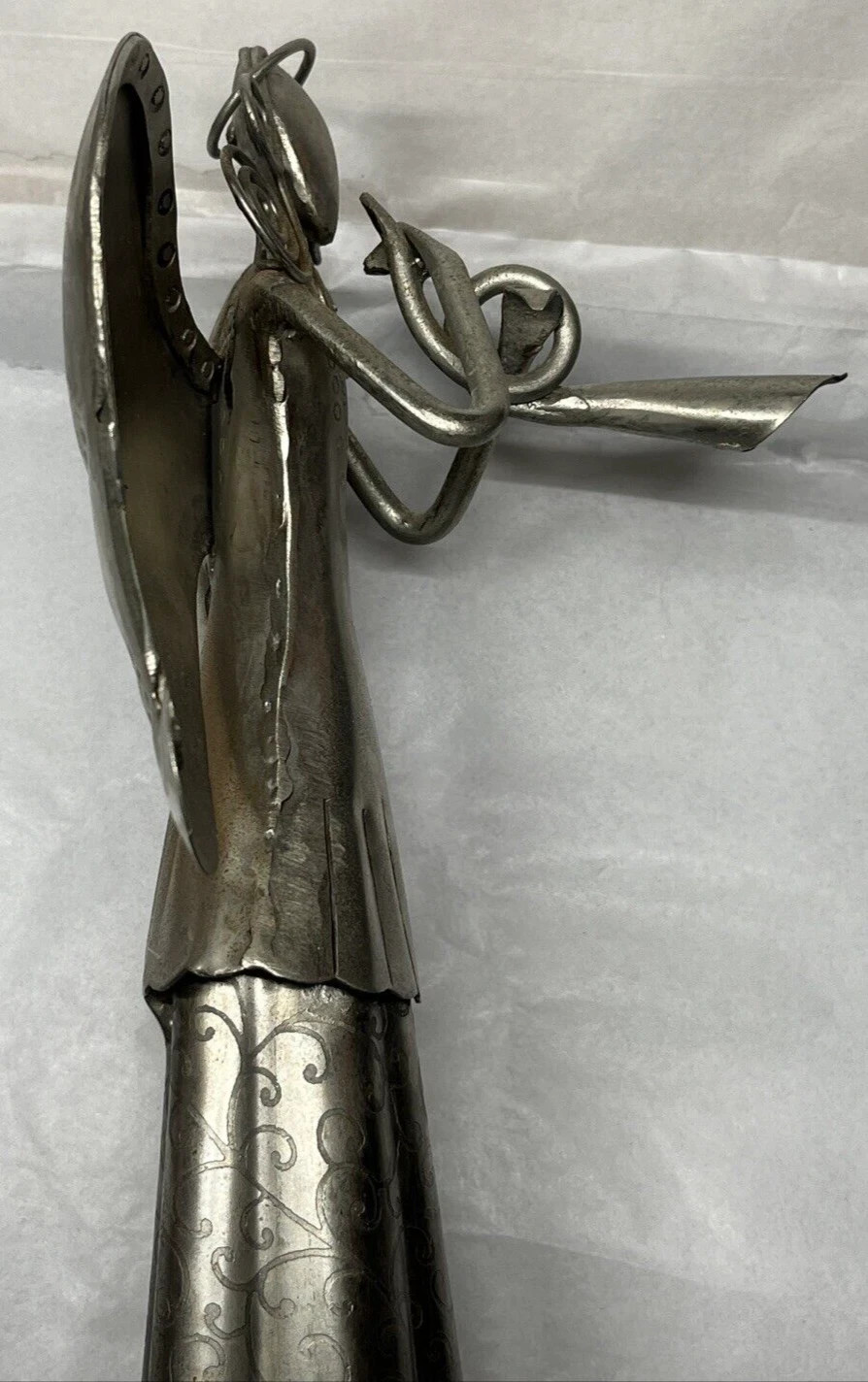 Metal Sculpture Folk Art Angel Playing Horn 17″ Tall Vintage