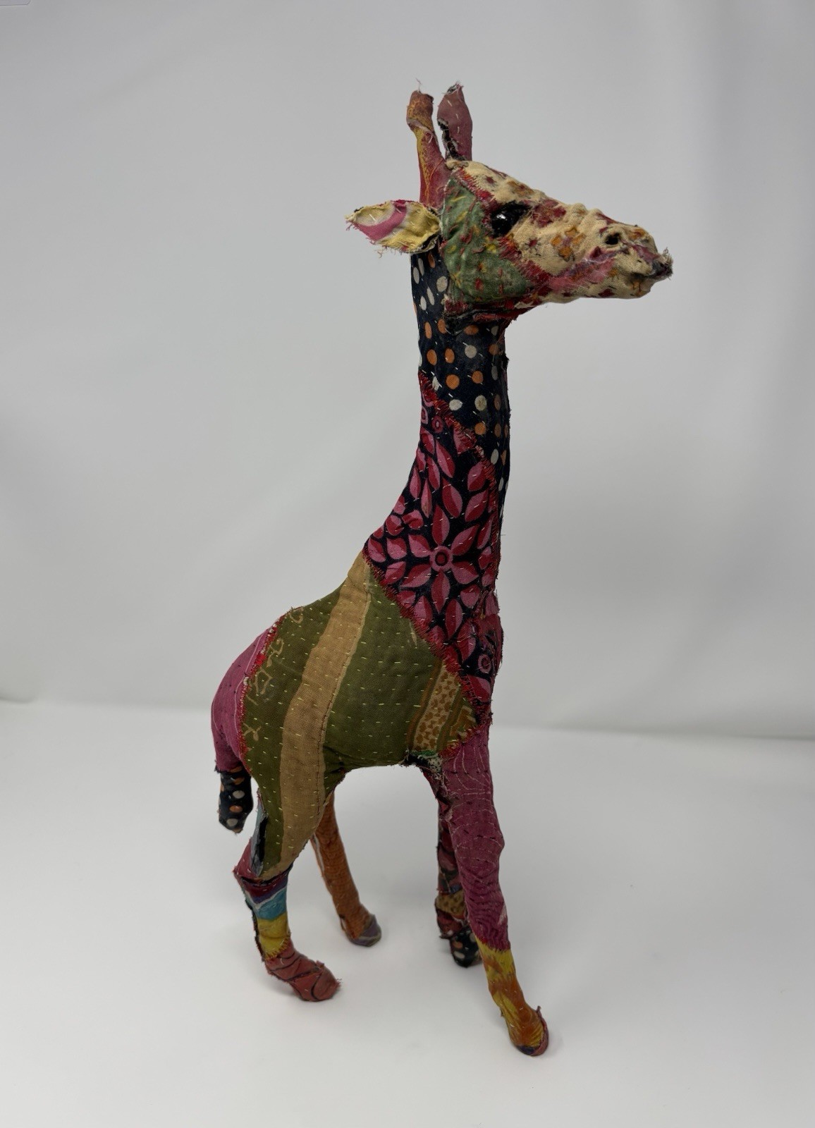 Vintage Giraffe Statue Patchwork Sari Fabric Mache Sculpture 18″ Decor