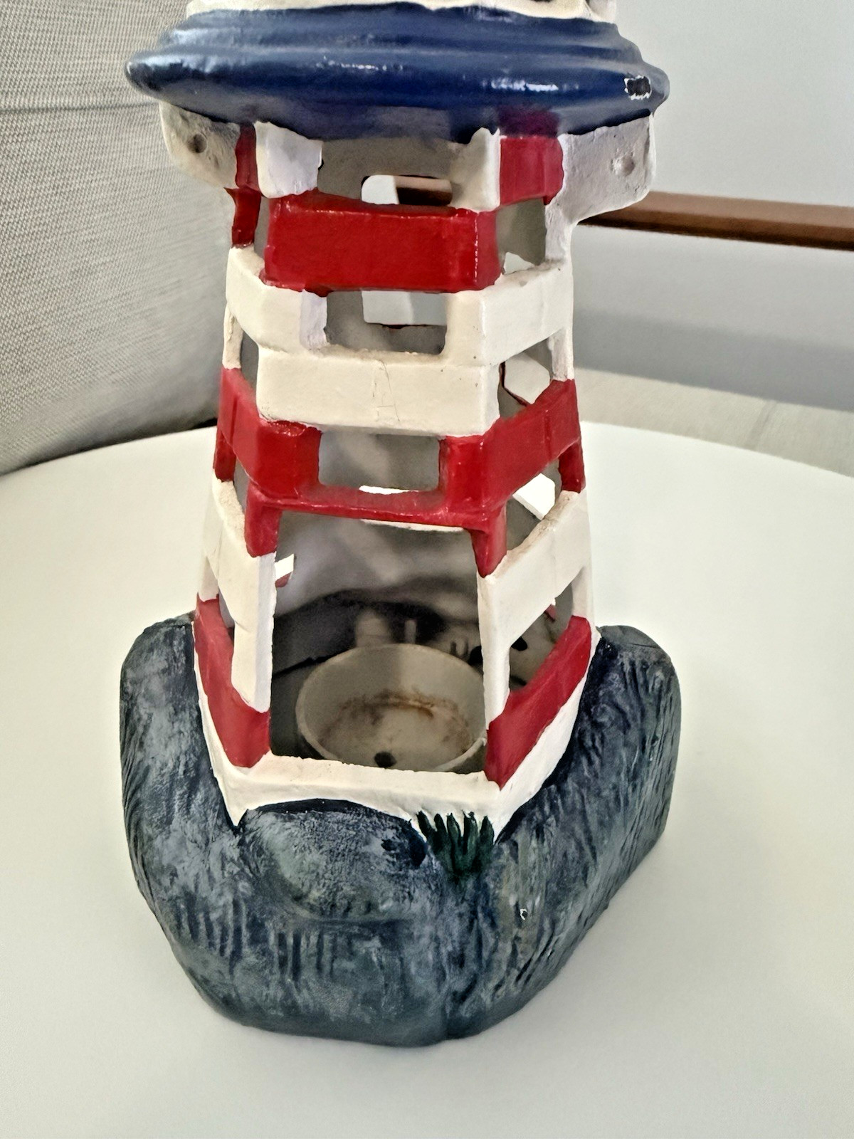 VTG Cast Iron Lighthouse Candle Holder Door Stop 10.5” H Wht,Red Stripe Nautical