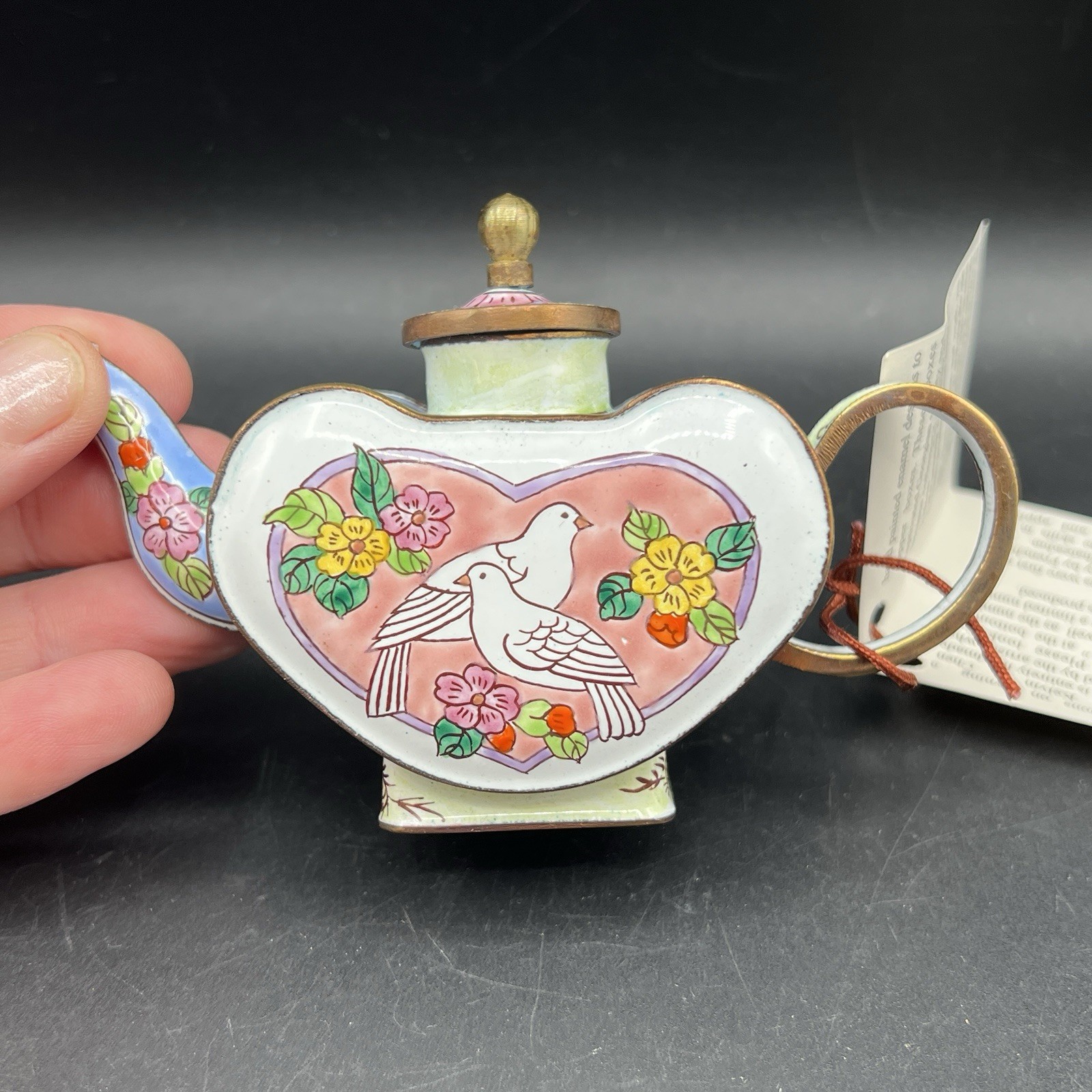 Kelvin Chen Enamel Copper Heart Teapot #240 Doves Love Birds Hand Painted 1999