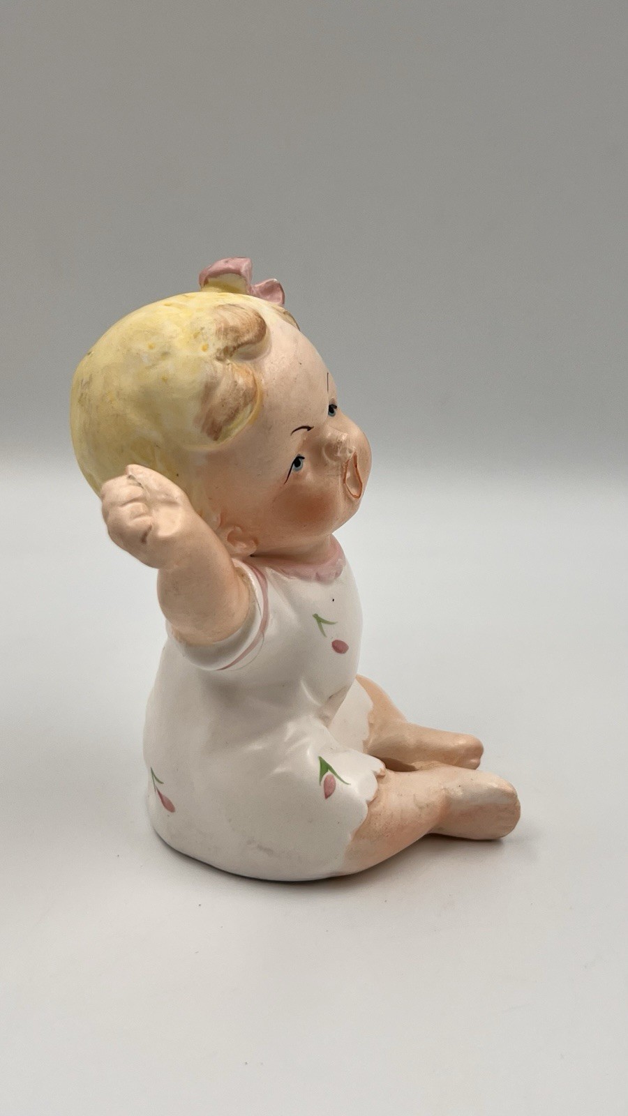 2 Vintage Porcelain Piano Baby Figurines Girl yawning, boy crying, Japan #296
