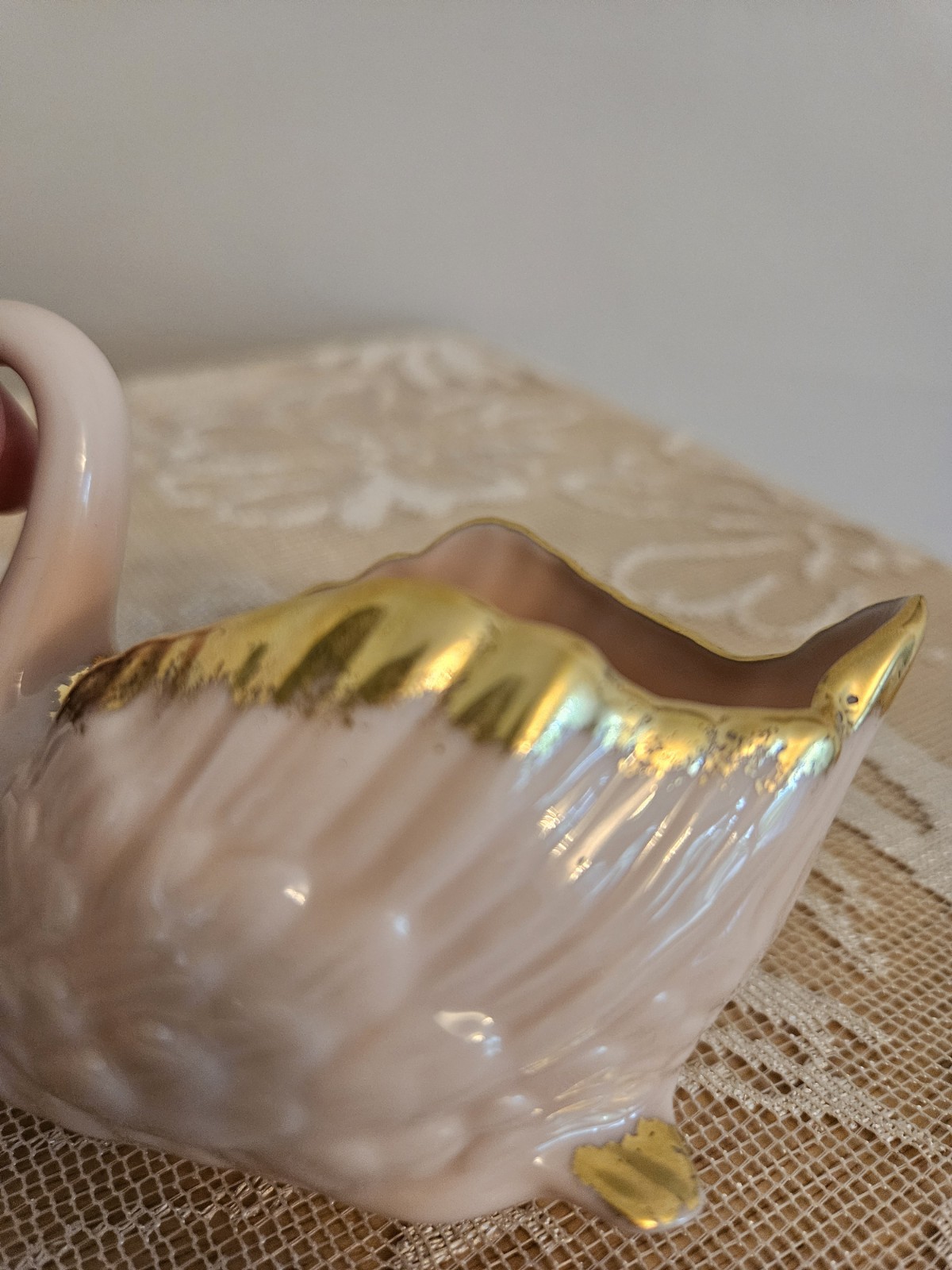 VTG LENOX PINK Swan Trinket Dish Cake Topper Cardholder 24k gold trim Blue Stamp