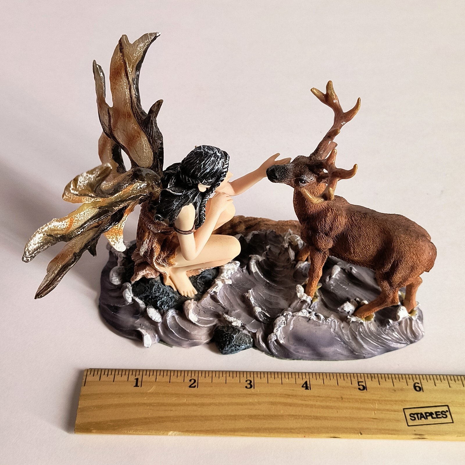 Winged Fairy & Big Buck Deer Figurine Statue for Fairy Garden 6″ NIB