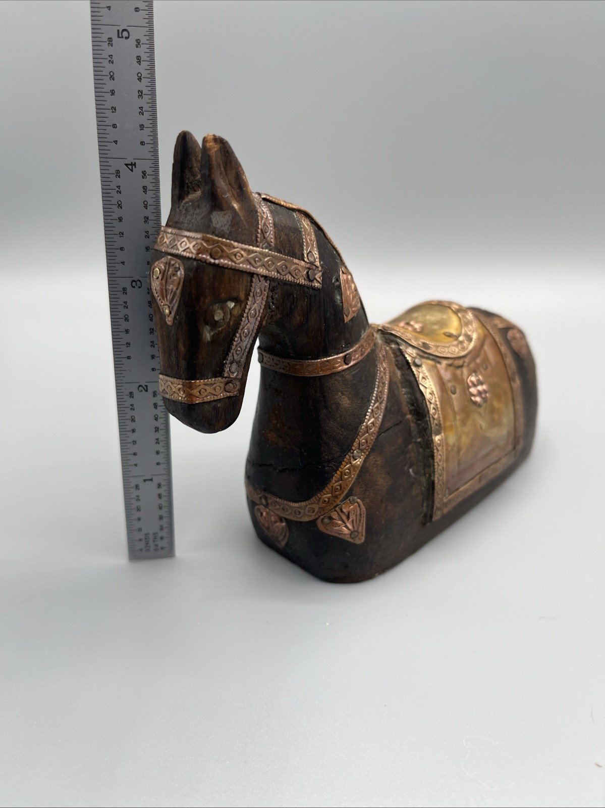 Vintage Armored Hand Carved Horse Wood with Brass & Copper Inlay Bookend