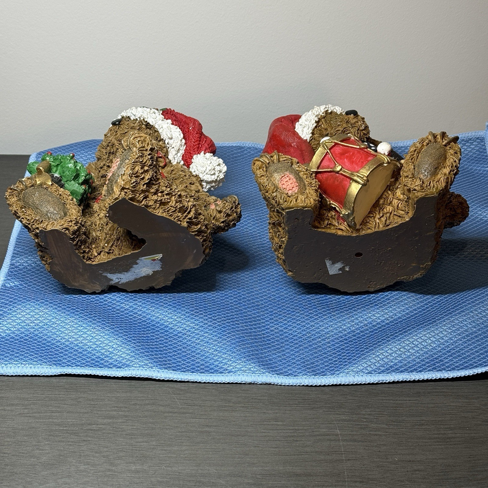 Set of 4 Resin Christmas Teddy Bears Santa Hats Figurine Gift Bell Tree Drum 6”