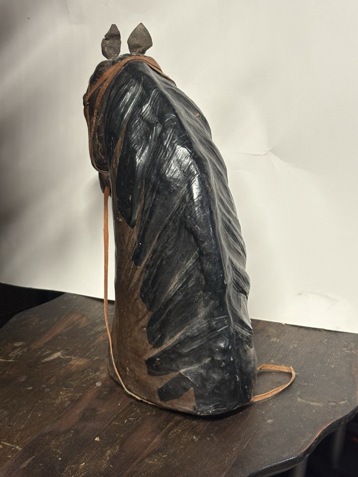 Leather Horse Head Bust Sculpture w/ Bridle, Painted 3D Effect, Brown/Black