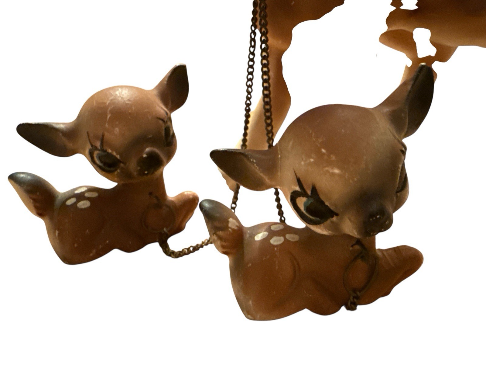 Vintage Mid Century Ceramic Deer Family Set Doe & 2 Fawns Chain Leash Kitsch