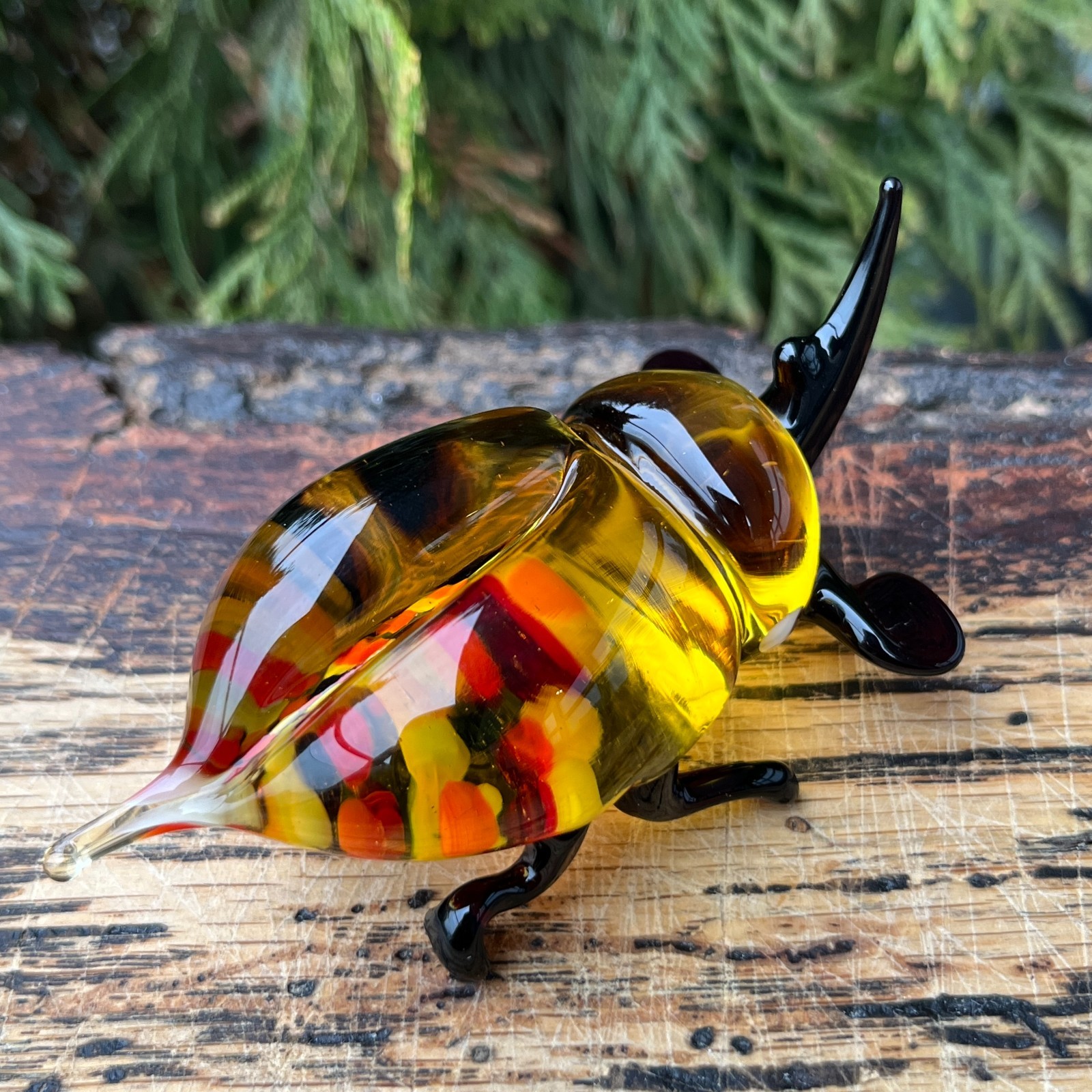 Yellow Glass Bug Figurine Blown Ornament | Collectible Miniature Shelf Decor