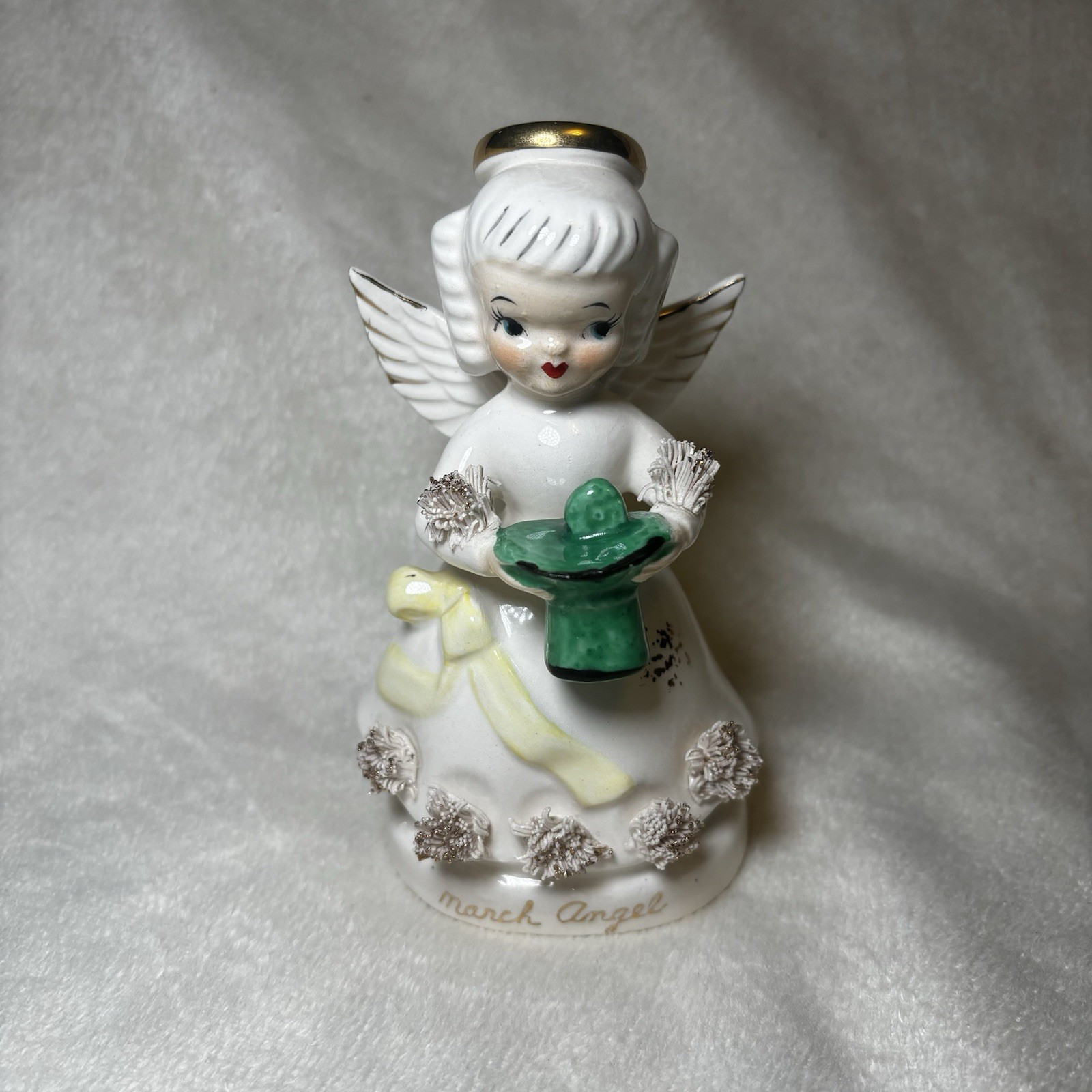 Vintage Napco Girl Angel March Birthday 1294 Japan Figurine Spaghetti Glass