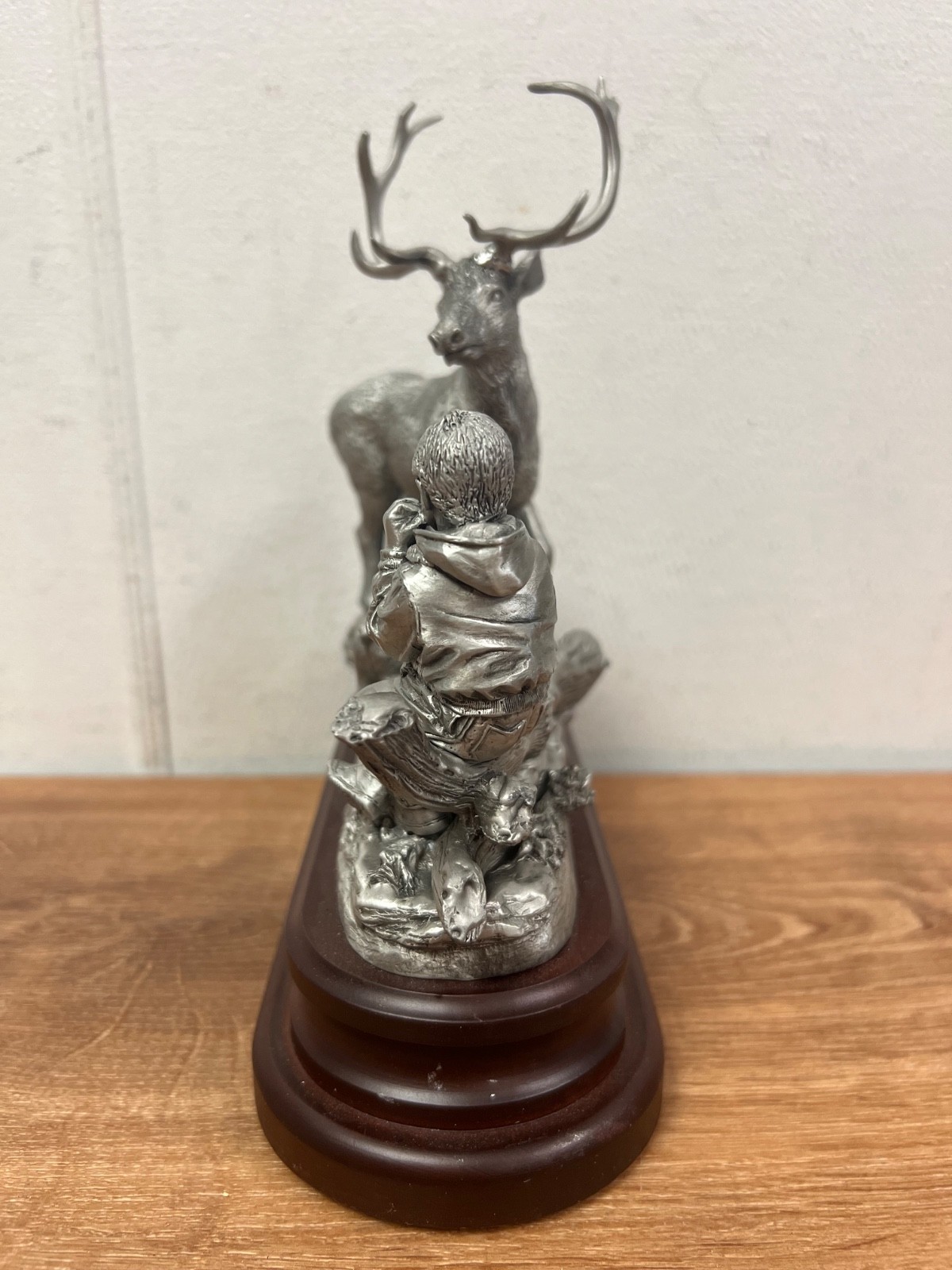 Pewter Deer & Boy Nature Wildlife Animal Figurine Wood Base 1993