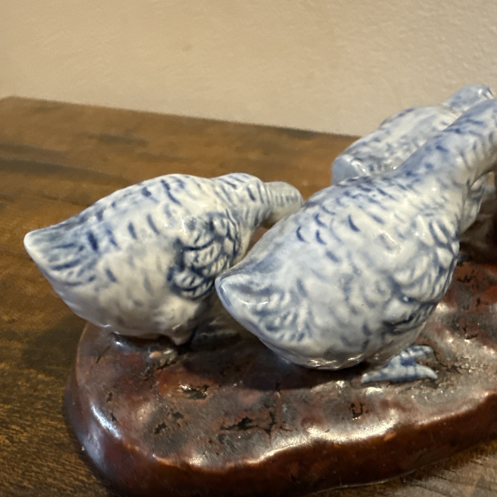 Vintage Chinese delft porcelain Figurine Woman Feeding Ducks Chinoiserie Art