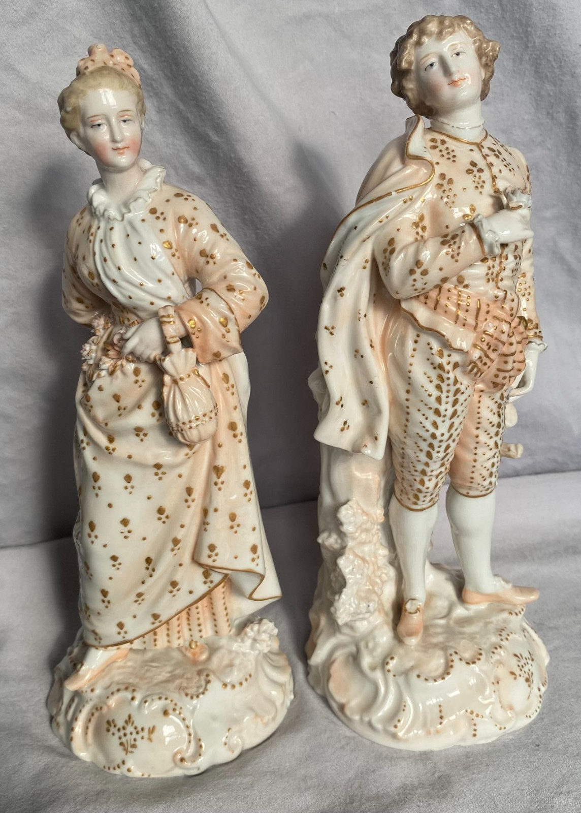 Triebner Ens & Eckert Volkstedt c 1880 Raised Rose Rococo 9″ Figurine Pair RARE