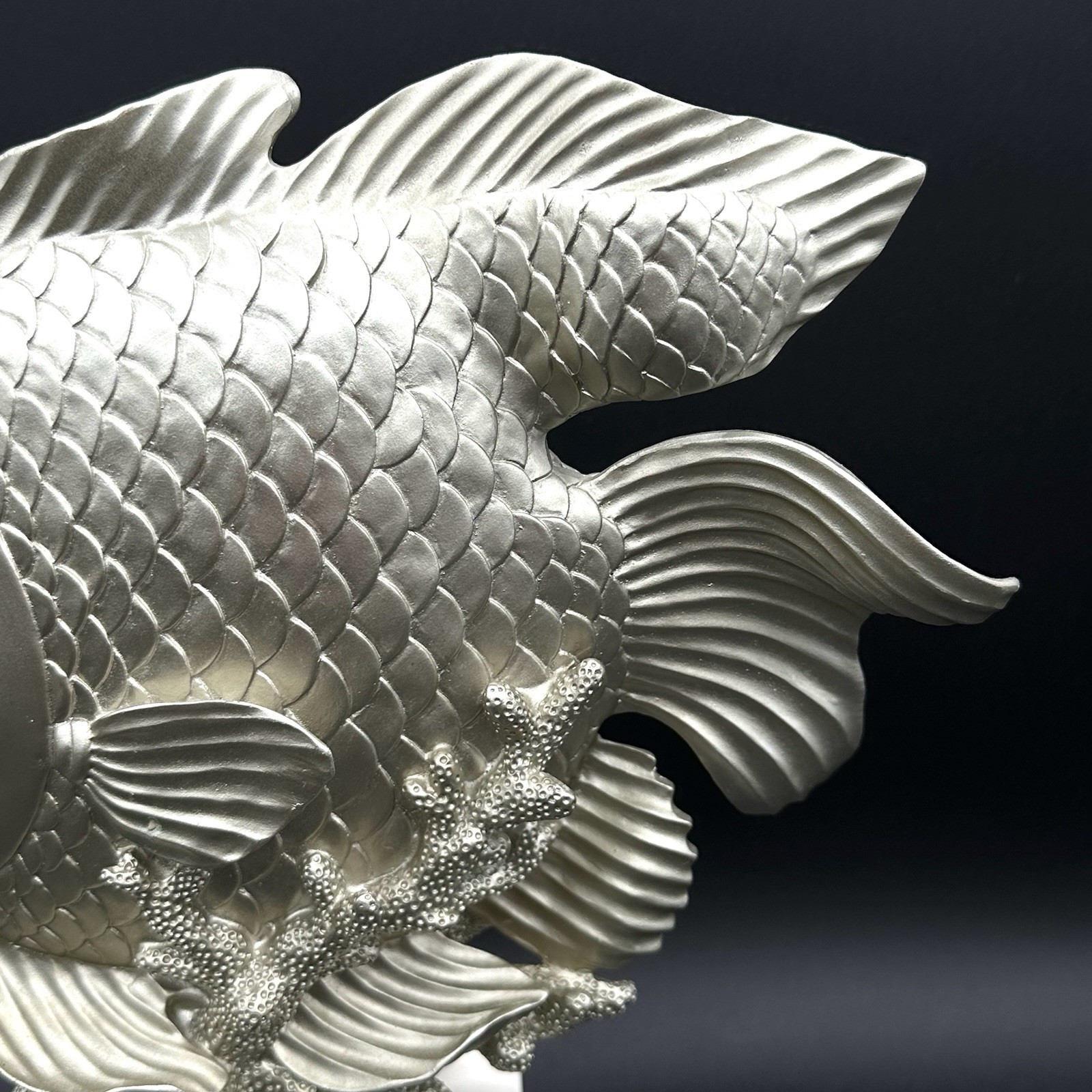 Vintage Silver Metal Fish Statue on White Wood Base Coastal Nautical Decor