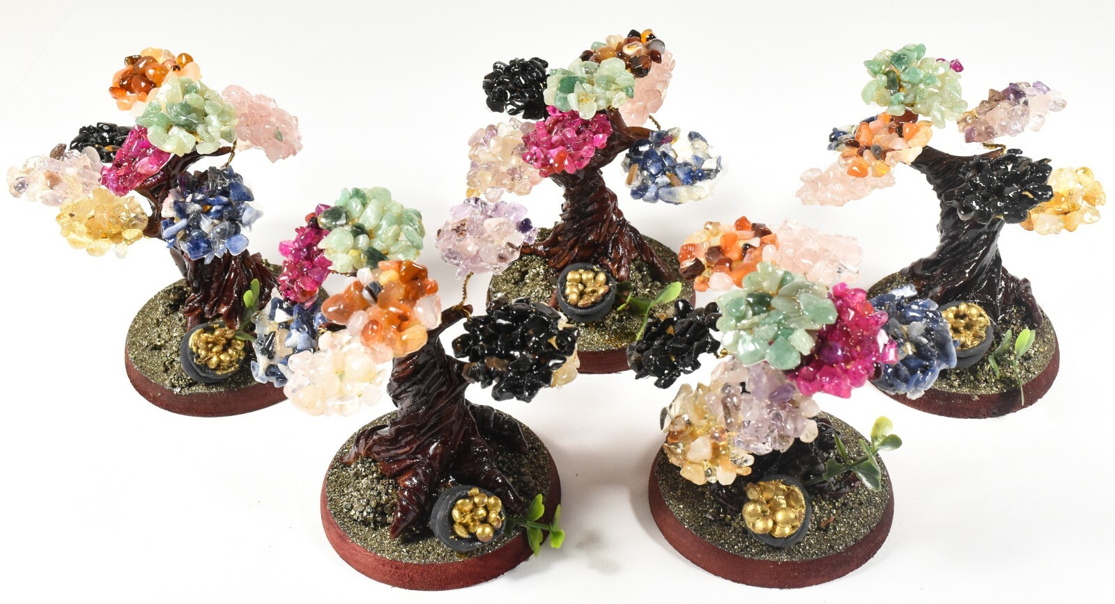 3.7″ Multicolor Stone Tree w/ Pyrite Chips on Wood Stand Figurine – Peru (1PC)