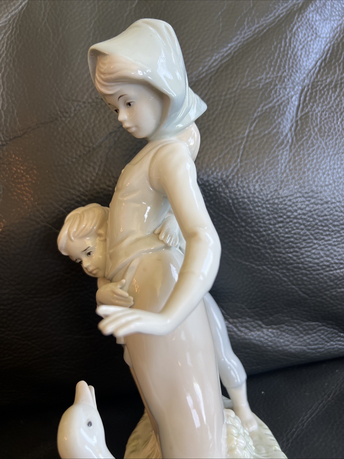 Vintage Crafted Woman Boy And Goose Large Figurine 9 1/2 In