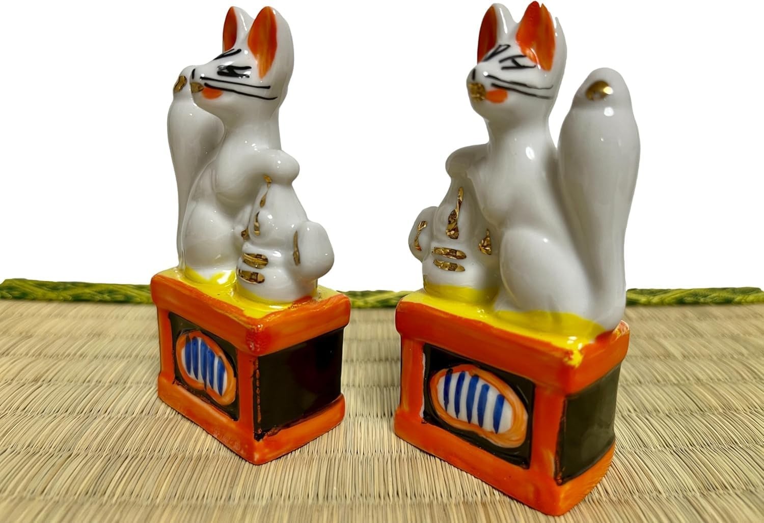 Made in Japan Inari Shinto Shrine Sacred Foxes Pair Miniature H3.54 Ceramic f…
