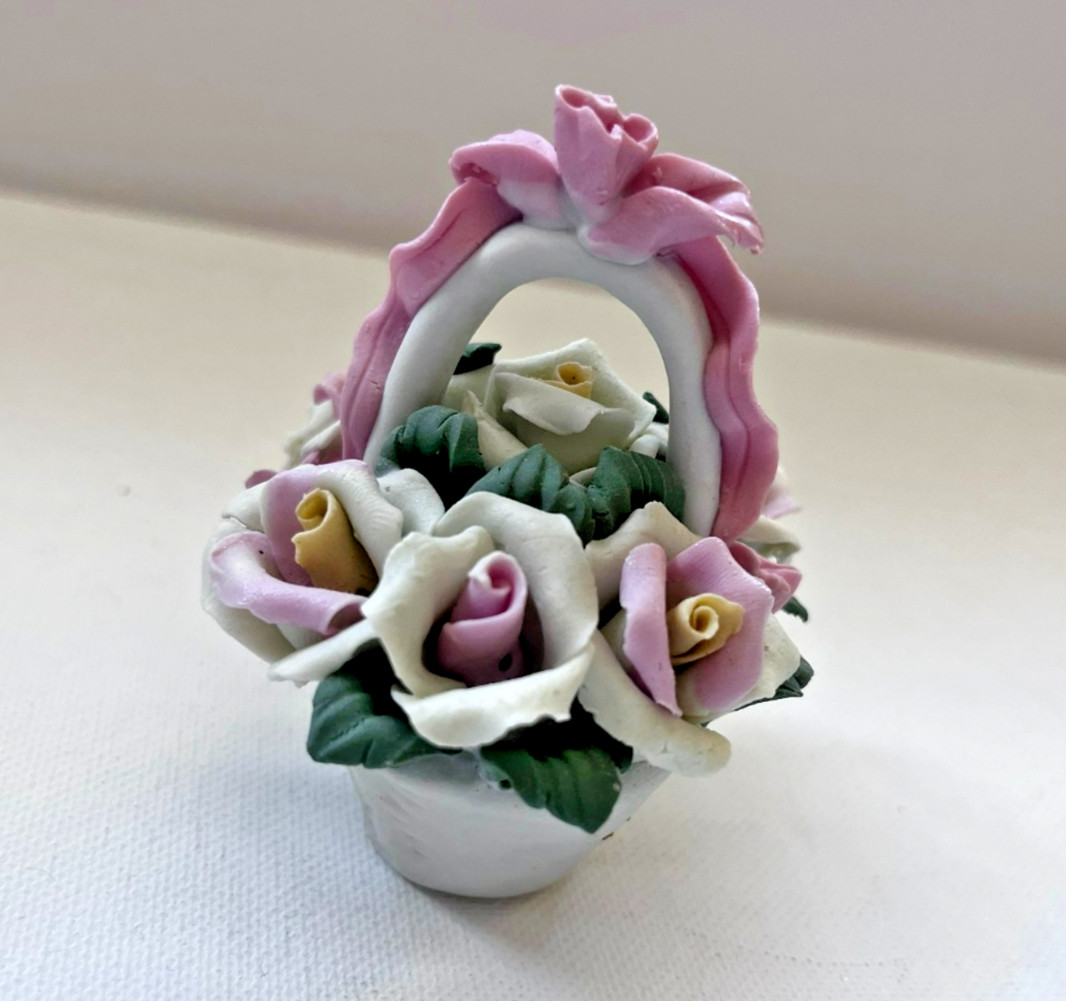 Vintage Porcelain Bisque Ceramic Flowers in a Basket Trinket 2.5″ Spring Easter