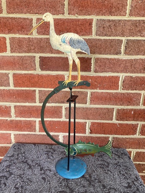 Vtg. Iron Stork & Fish Pendulum Balance Toy Skyhook Counterbalance Folk Art 20″