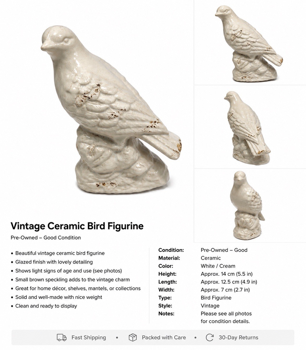 Vintage Ceramic Bird Figurine Glazed White/Cream/Brown 5.5in H 4.9in L