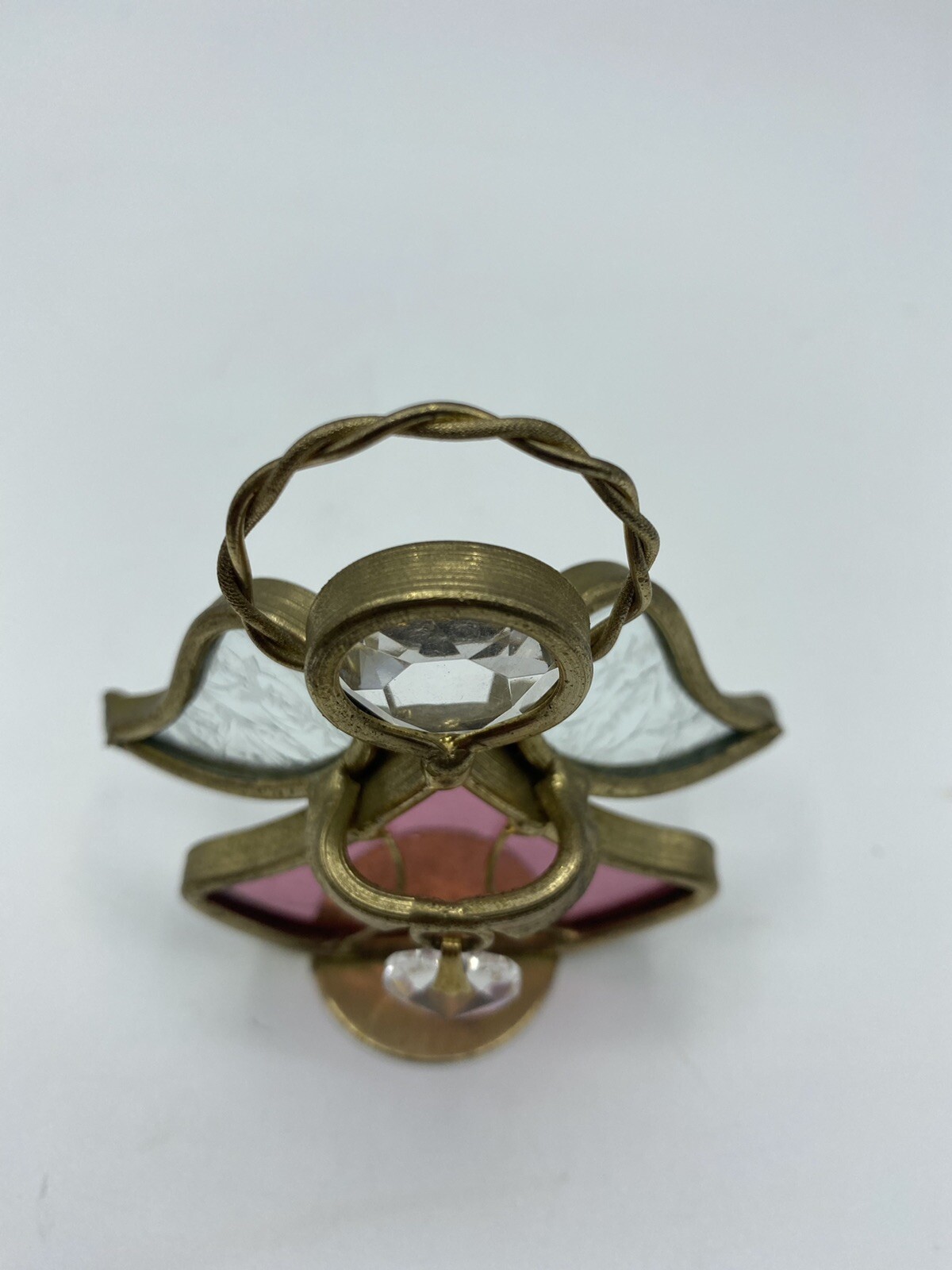 Vtg Stained Pink Clear Glass Metal Angel Figurine Ornament w/Heart 3 1/8″ Tall