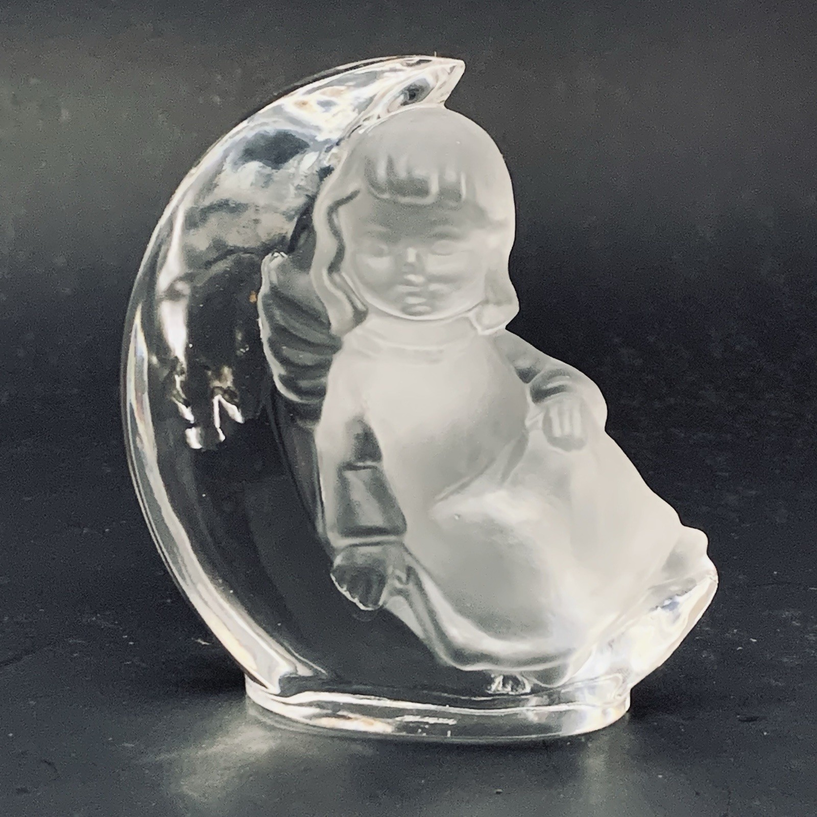Crystal Figurine Goebel Clear Frosted Glass Angel Child on Moon 3.5” Tall