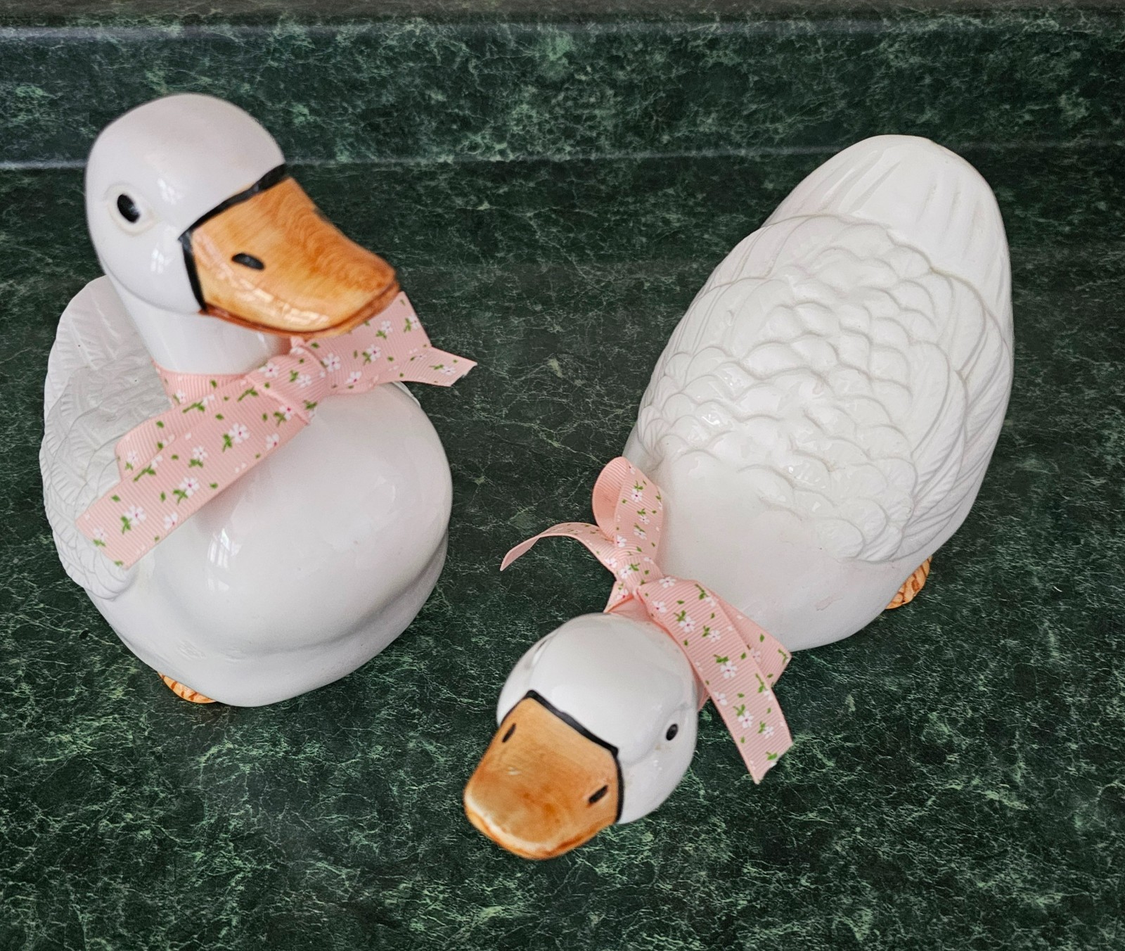 Vintage White Ceramic Duck Goose Figurines Set of 2 Pink Ribbon Bows Farmhouse