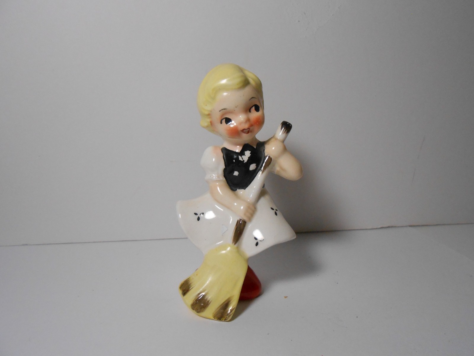 VTG Girl with Broom Figurine Ucagco Japan Ceramic TLC