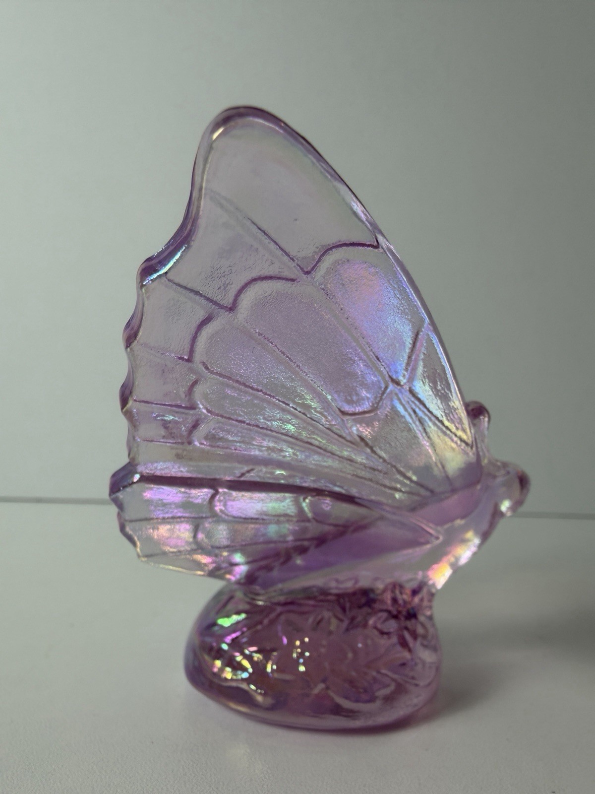 Vtg Fenton Glass Pink Iridescent Butterfly Moth Figurine On Floral Base