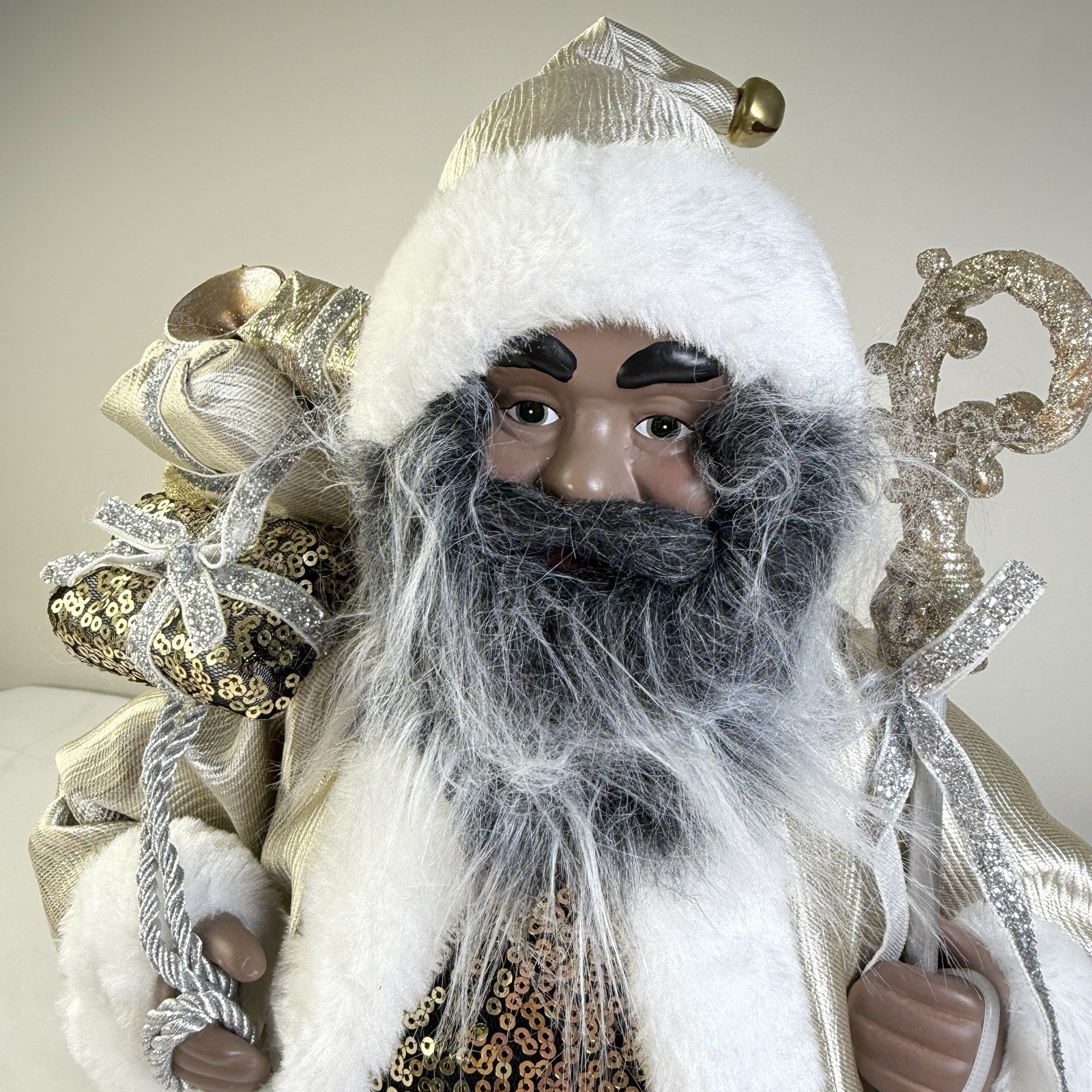 Martha Stewart 19″ African American Gold Silver Fur Santa Figurine New Holiday