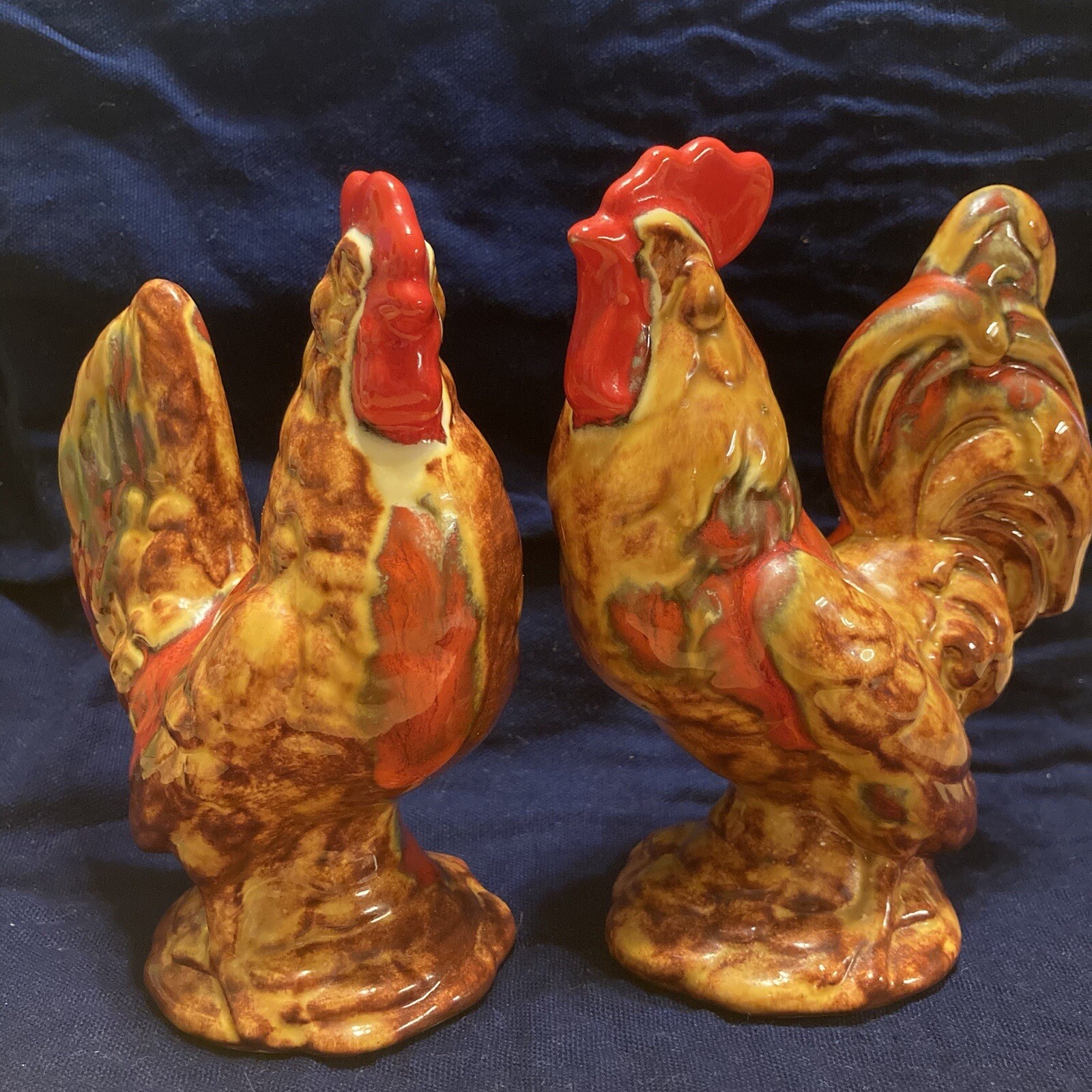Pair of Vintage Drip Glaze Ceramic Brown Red White Rooster & Hen Figurines Rare