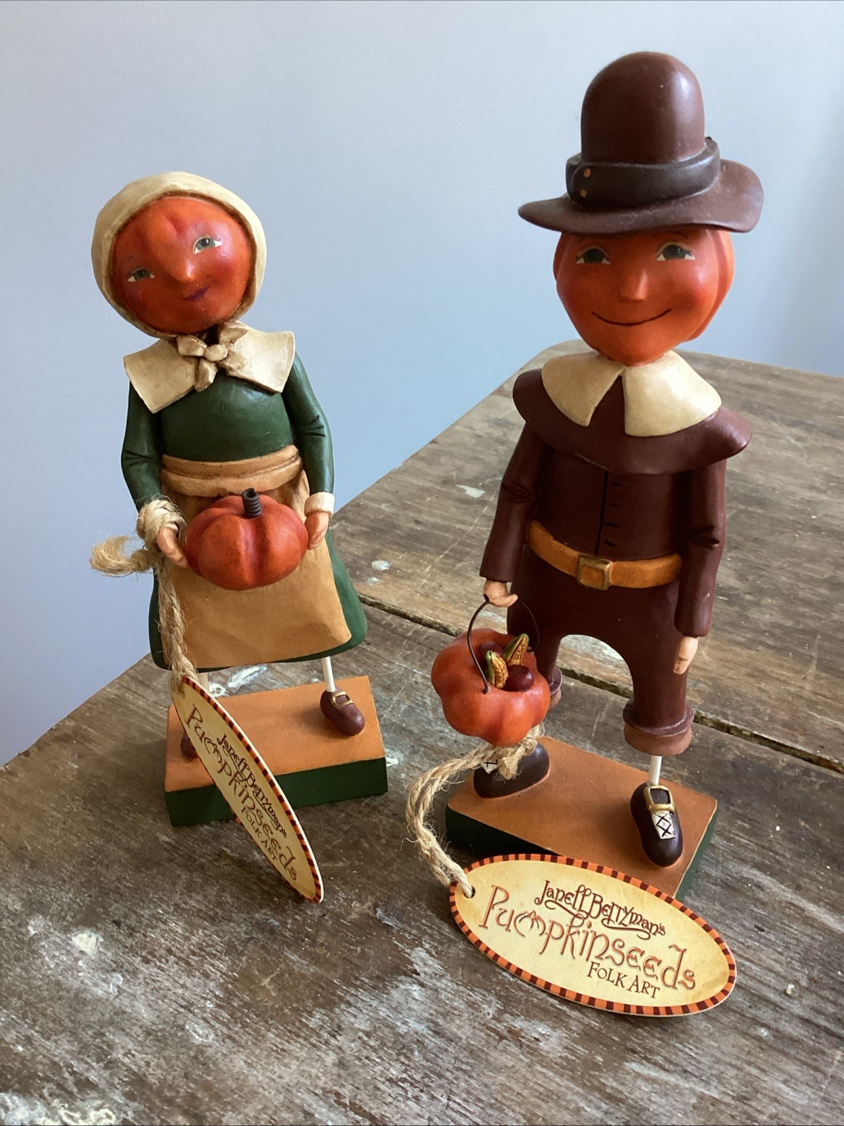 Janell Berryman Pumpkinseeds Folk Art Pilgrim Pair Harvest Pumpkin Girl & Man