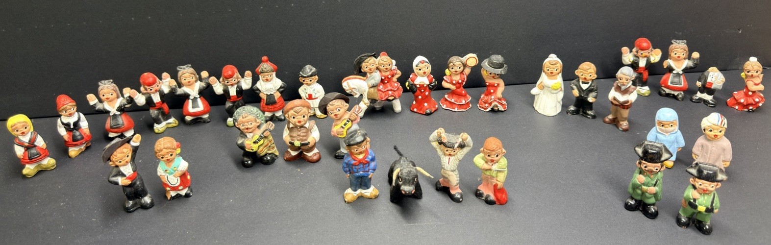 Vintage Spanish Mud People Terra Cotta Miniature Figurines Folk Art Dancer Bull