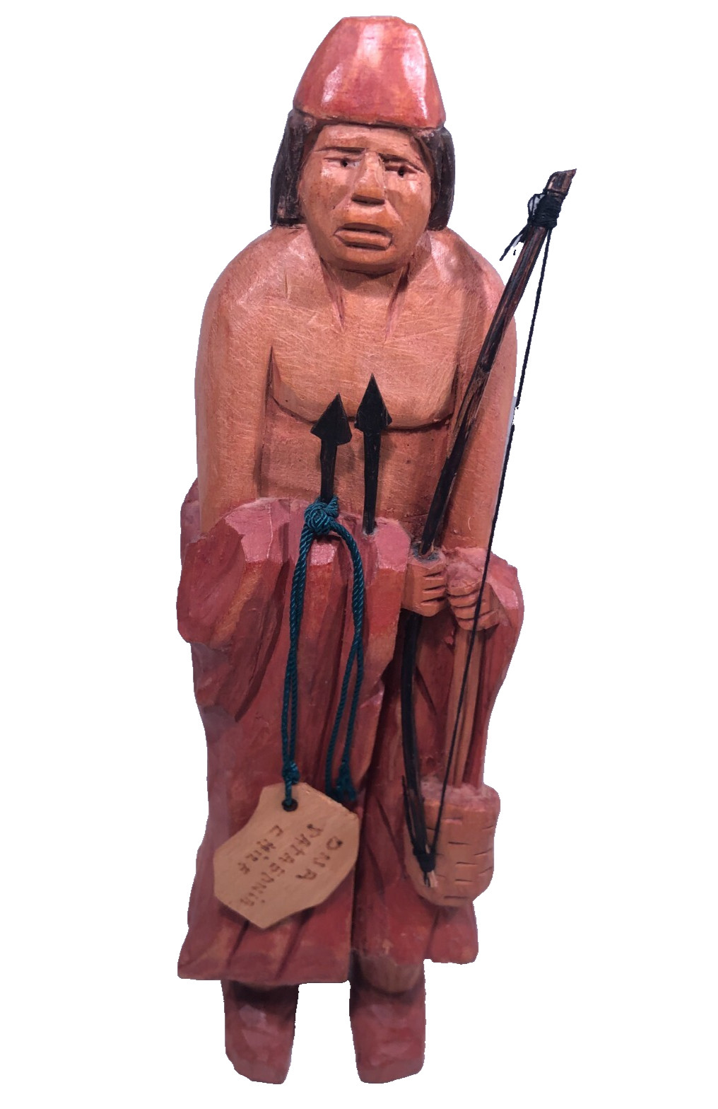 Hand Carved 10.5″ Wood “Cocho” Man Sculpture w Bow & Arrows Patagonia Chile ONA