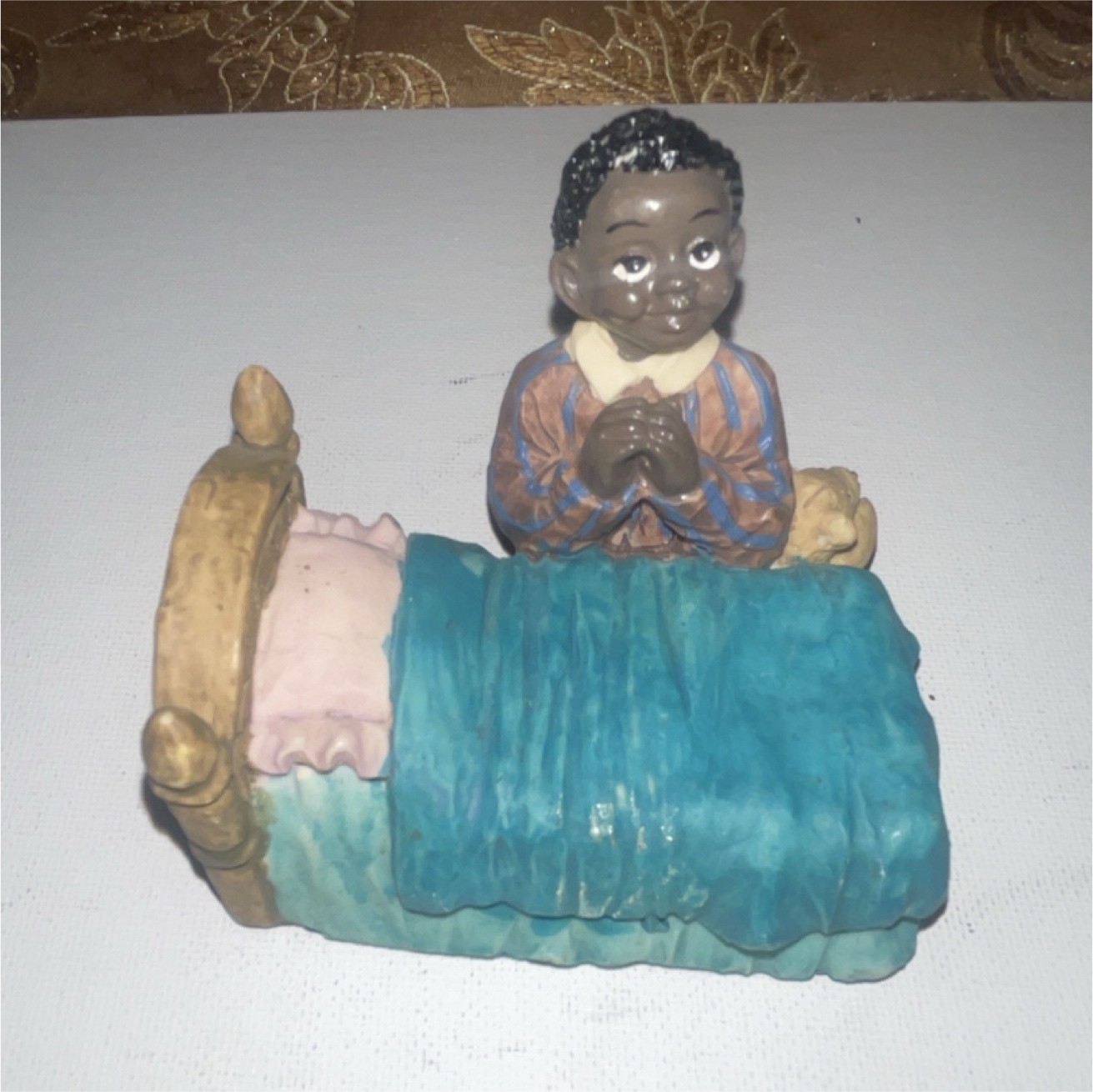 Young’s Resin Praying Child Figurine Blue Brown Pink Hand Painted Sculpture
