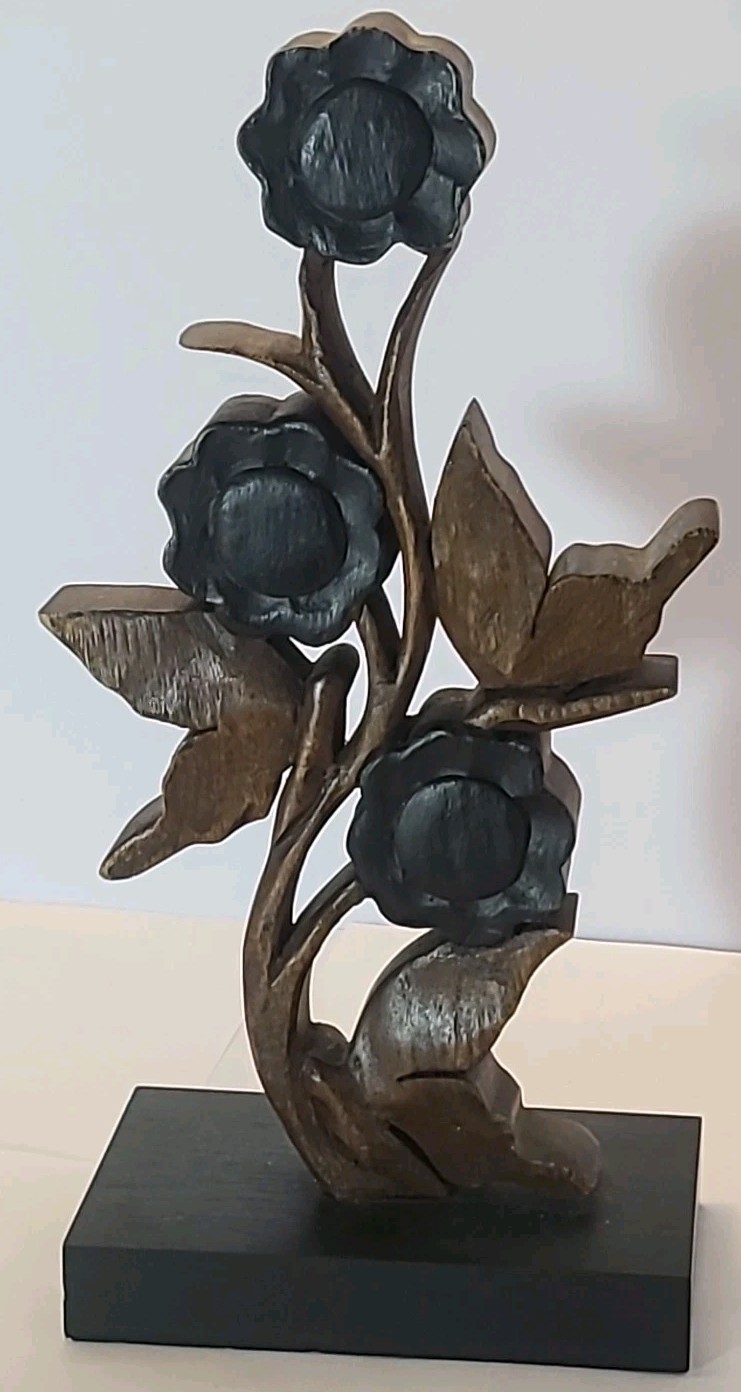 Hand Carved Flower Sculpture Statue Multi Tone Wood 12 1/4″