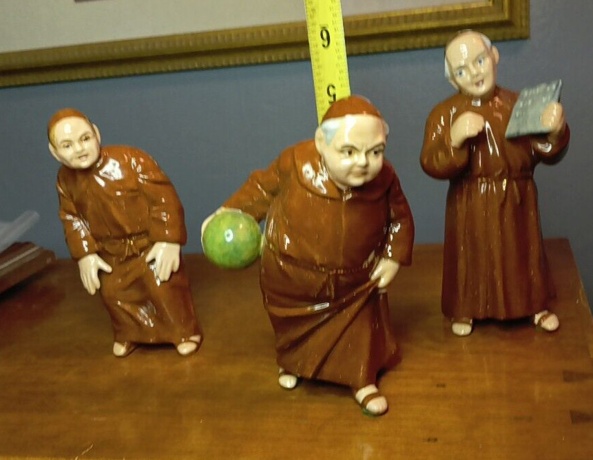 3 Monk Friars Bowling Figurines Ceramic MAYBELLE NEUGUTH SUPER RARE 1950 SIGNED