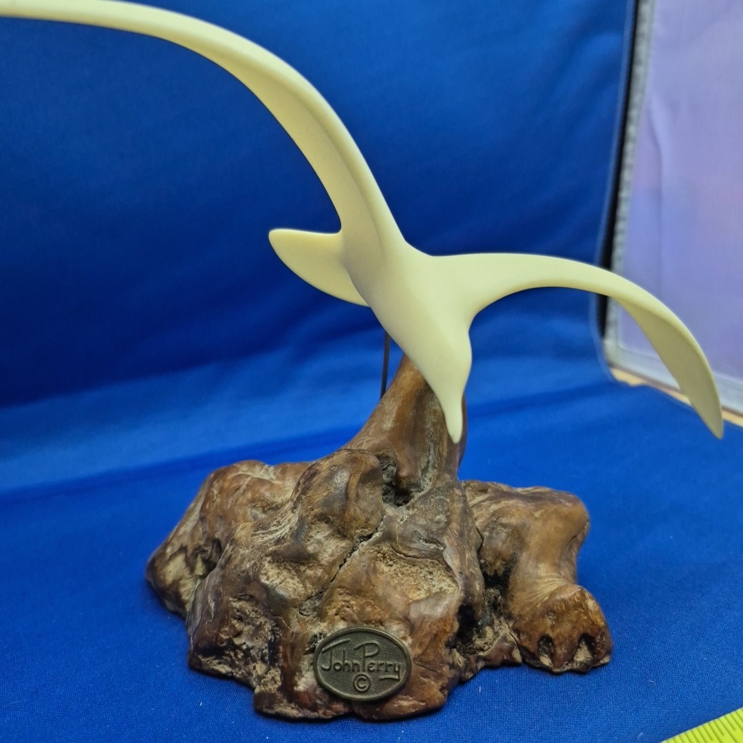VTG John Perry Soaring White Seagull Sculpture Burl Wood 1970’s MCM