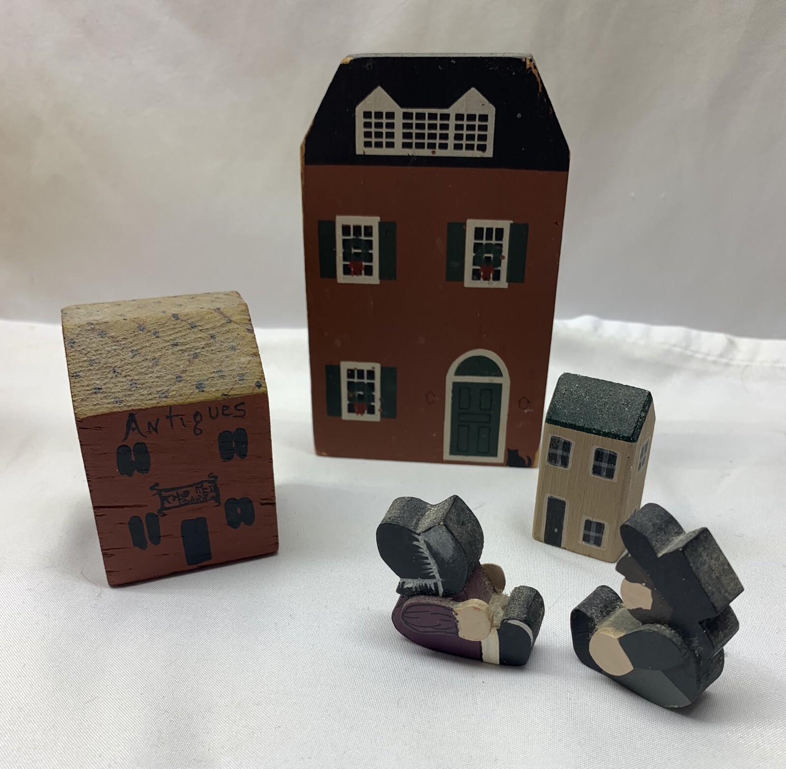 Vintage Wood Block Folk Art Cutouts Cats Meow Antique Store House People