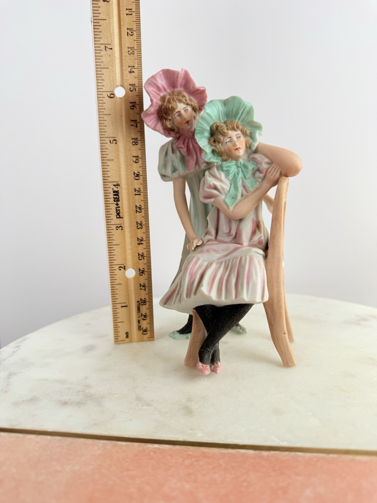 Antique German Bisque Figurine Two Girls on Bench Heubach Style Mold 3089 c1900