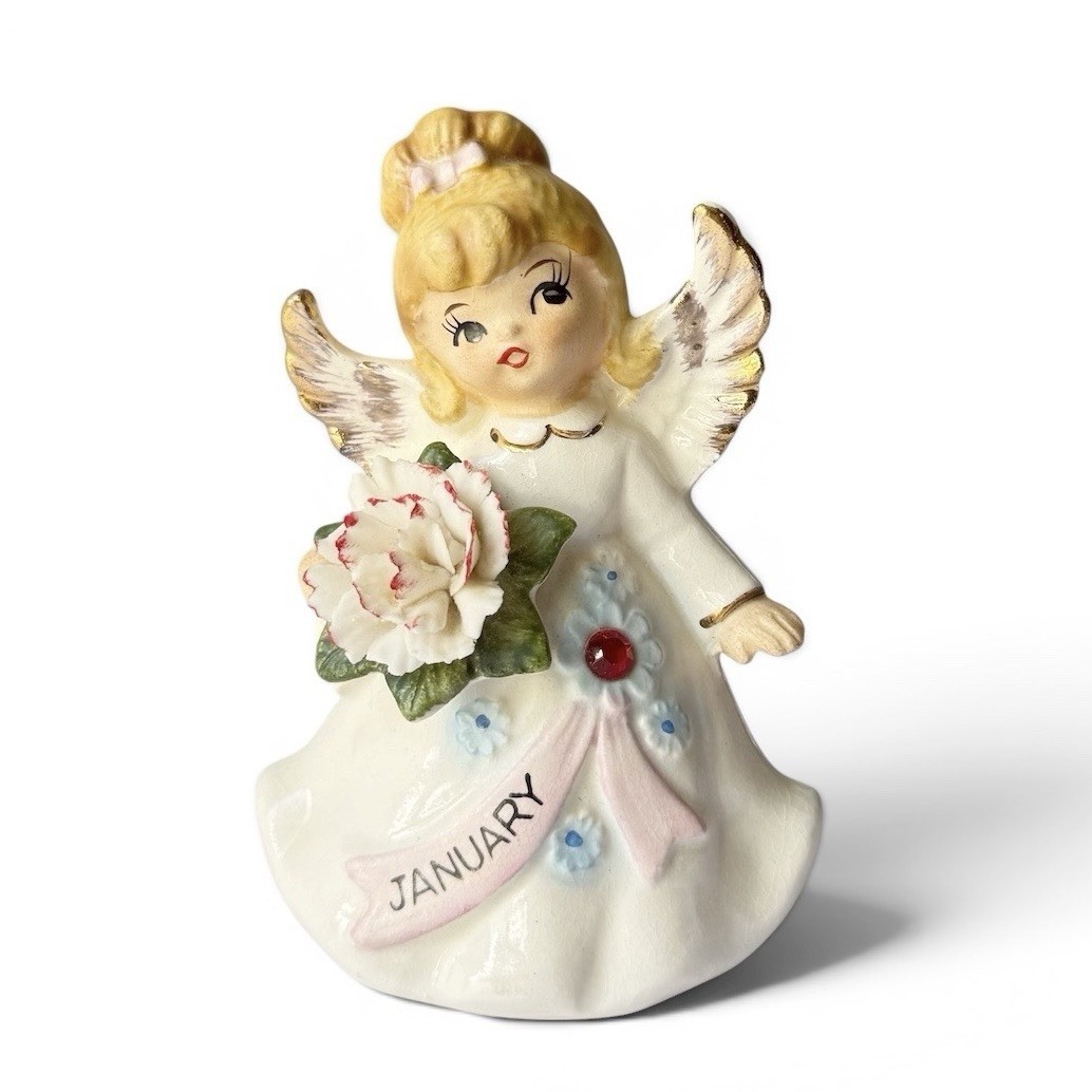 Vintage Kitschy Lefton January Birthday Angel Carnations Girl Figurine 6224