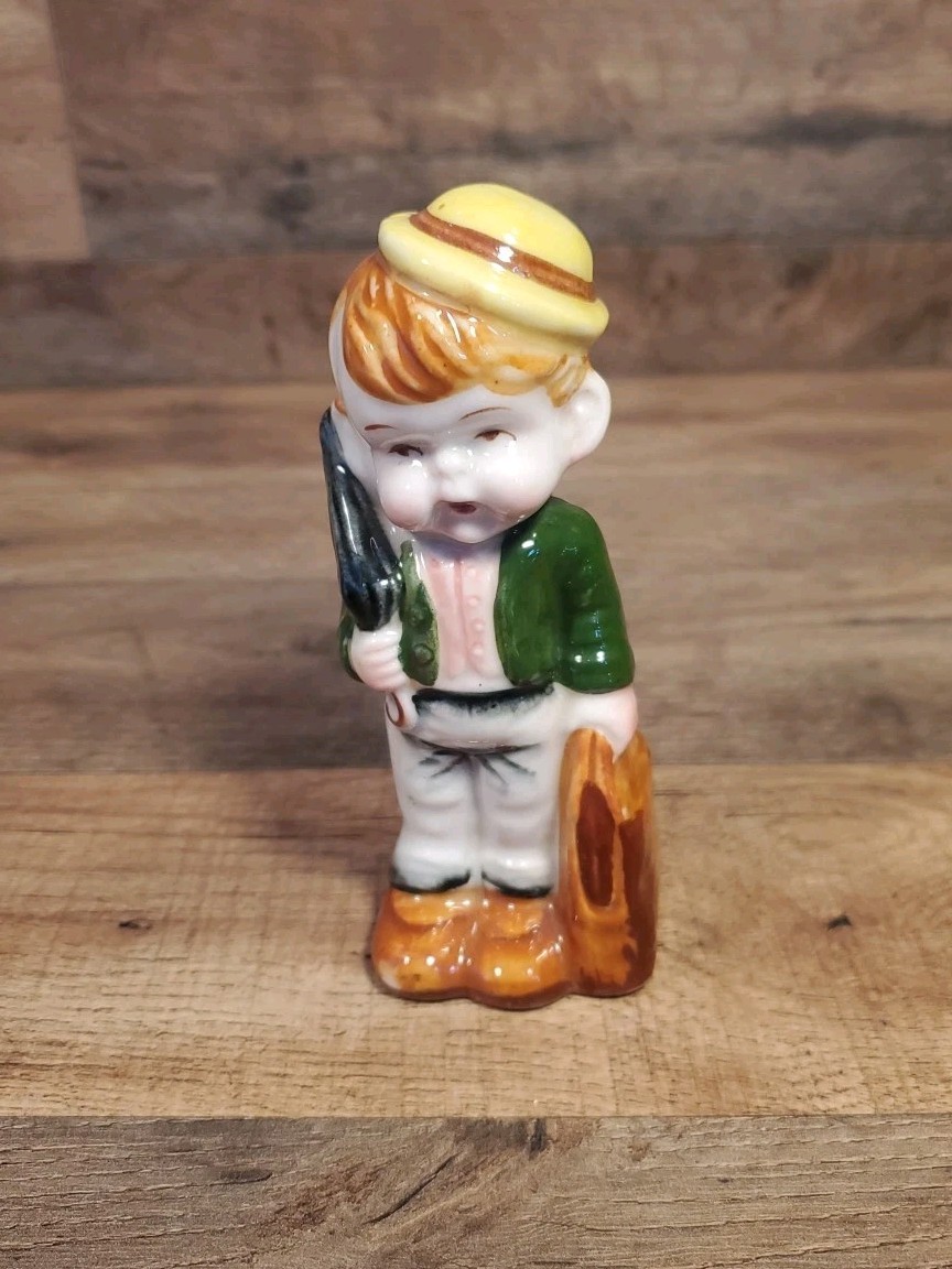 Little Boy Vintage Figurine Hat Umbrella Bag Green Coat Handpainted Bisque 5.5in
