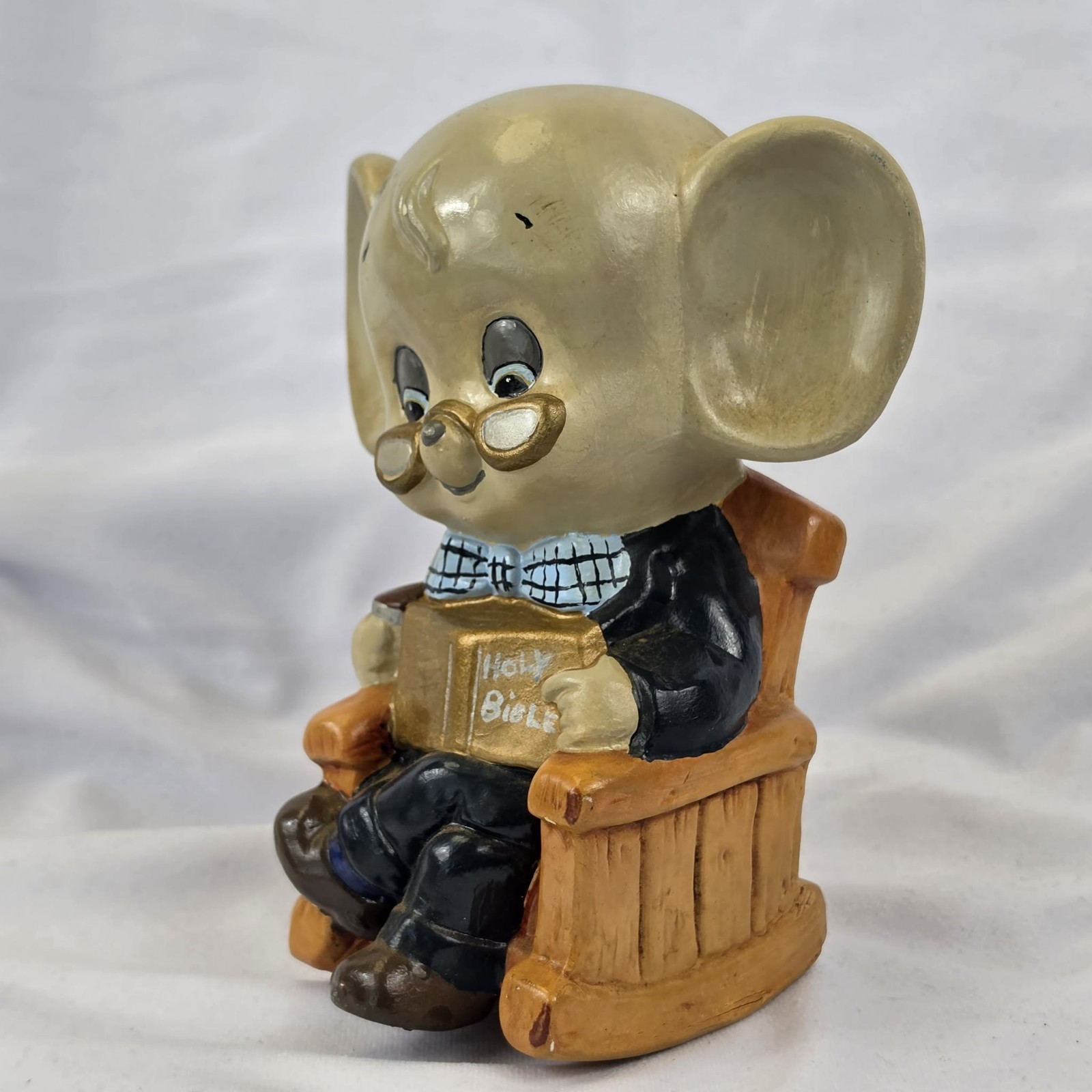 Vintage Ceramic Mouse Figurine Reading Holy Bible In Chair 8in